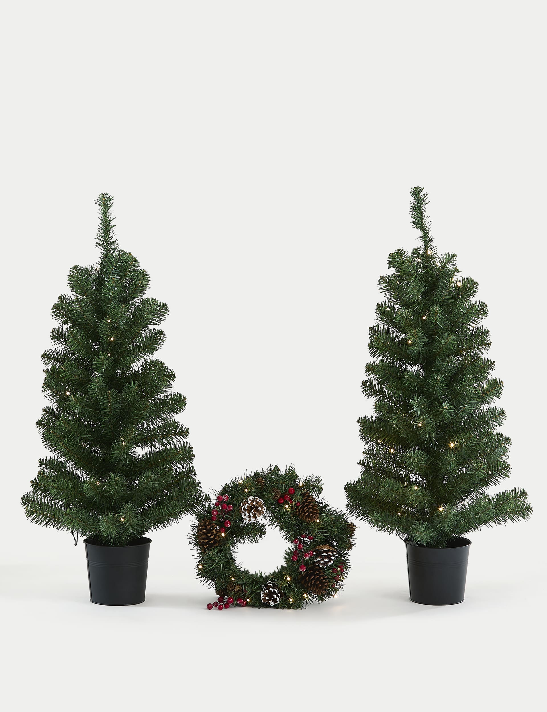 M&S 3pk Pre-Lit Christmas Tree & Wreath Set - Green Mix, Green Mix