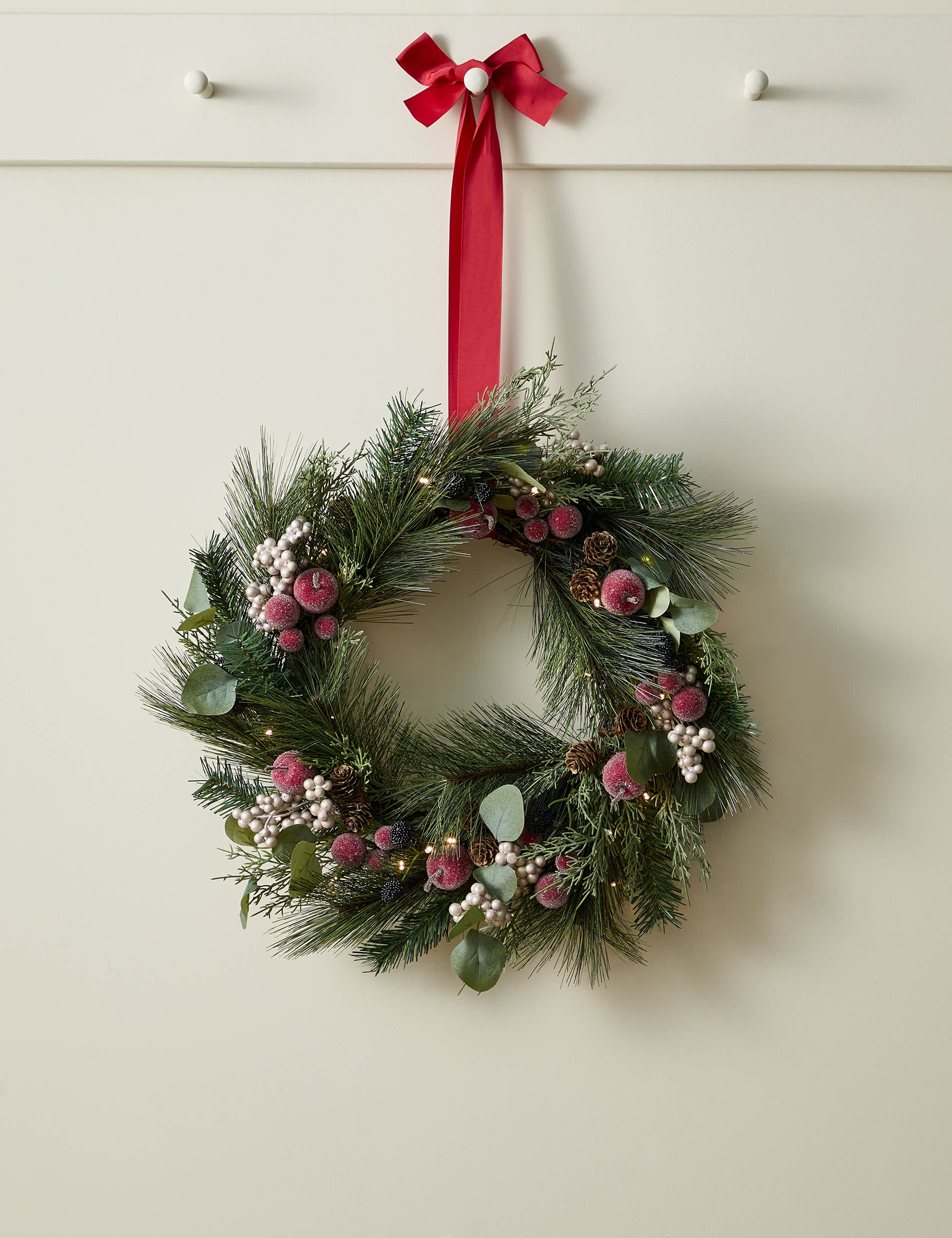 M&S Pre-Lit Frosted Fruits Wreath - Green Mix, Green Mix