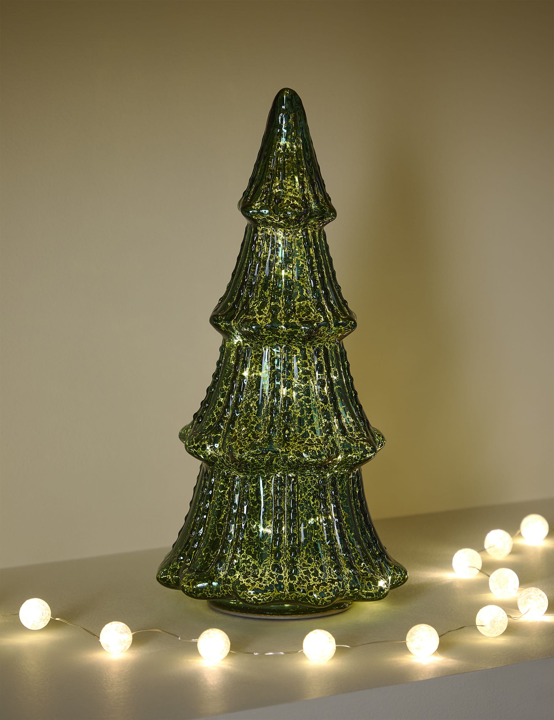 M&S Large Glass Light Up Tree Room Decoration - Green, Green