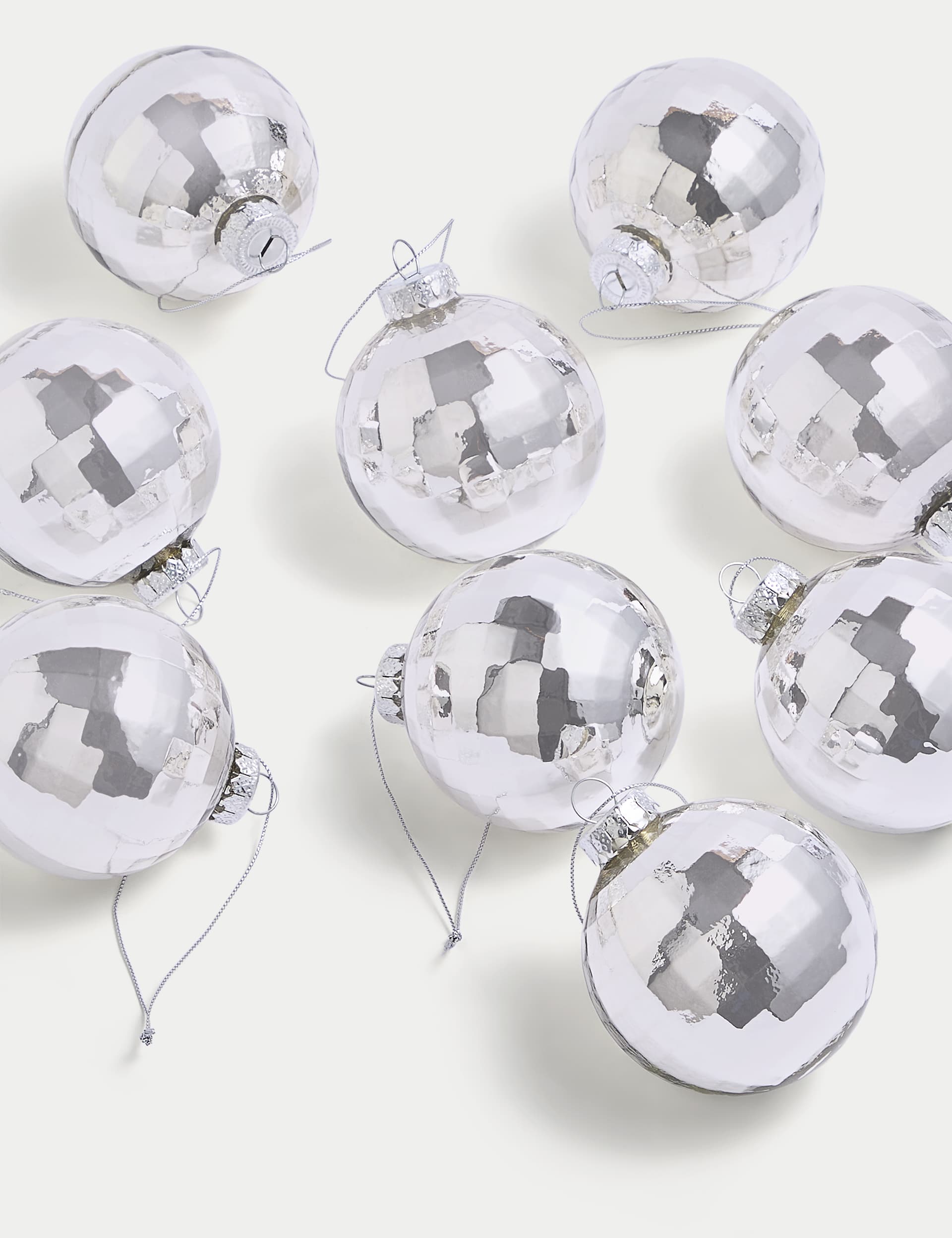 M&S 9pk Glass Hanging Disco Ball Baubles - Silver, Silver