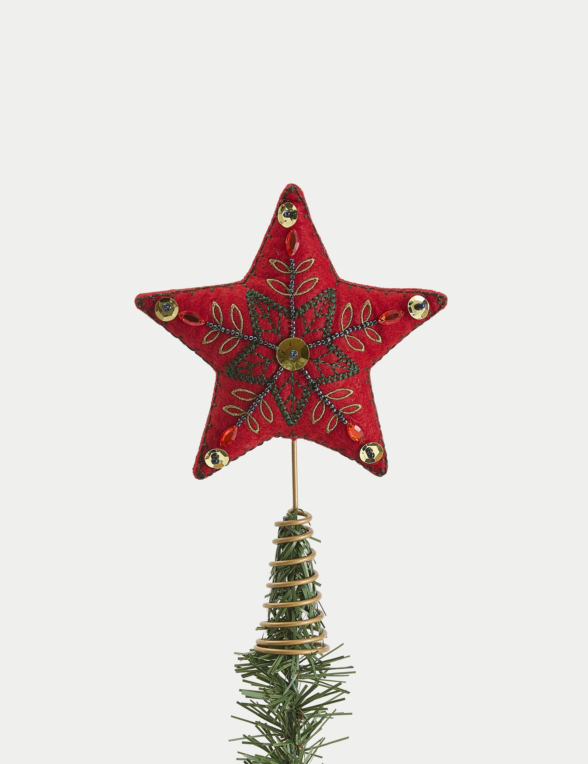 M&S Red Felt Embroidered Star Tree Topper - Multi, Multi