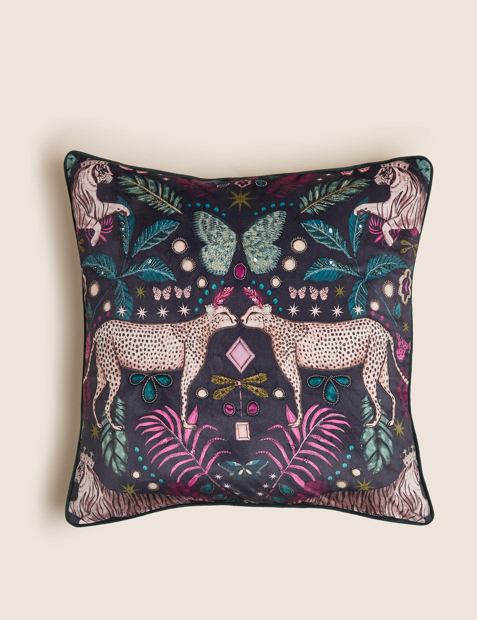 M&S Velvet Cheetah Embroidered Cushion - Multi, Multi