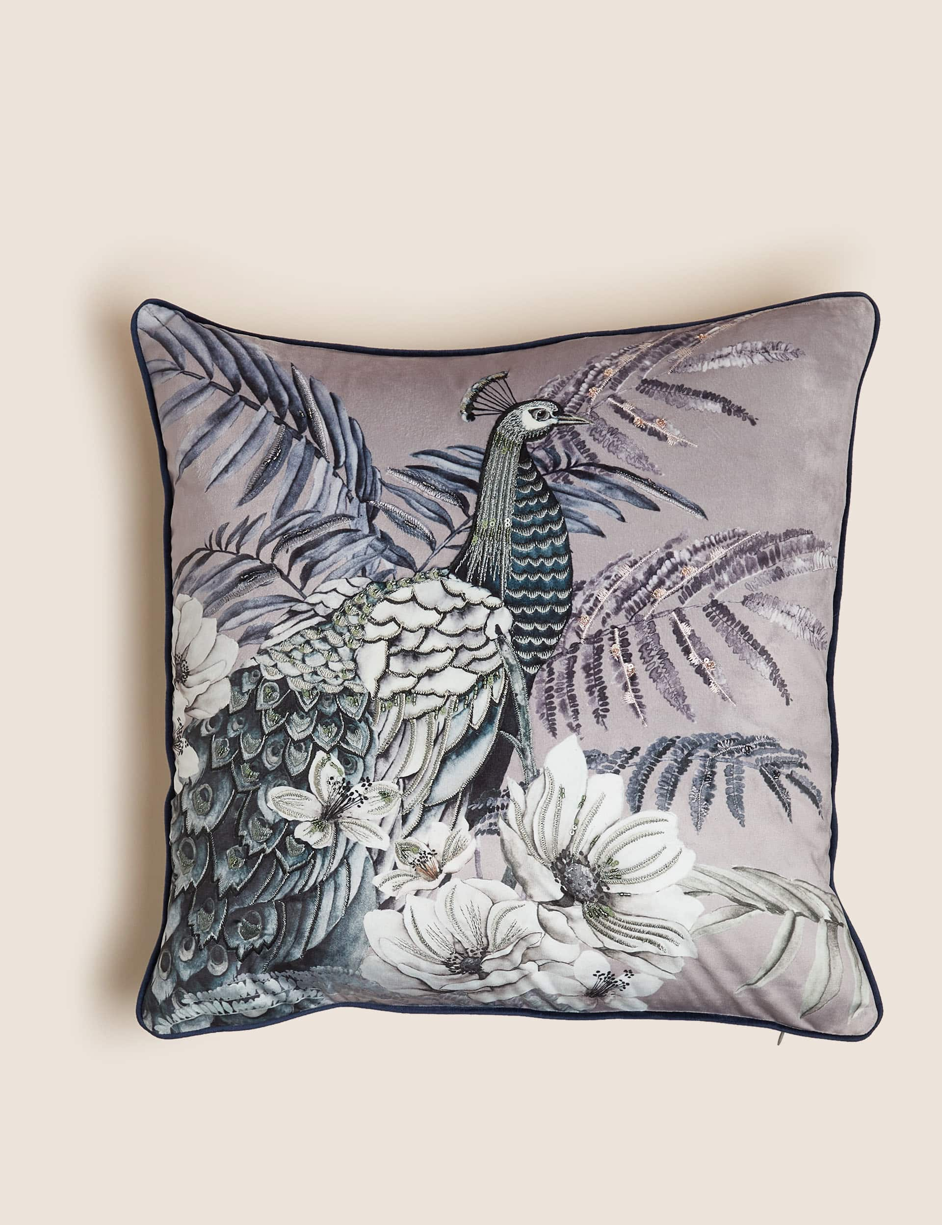 M&S Velvet Embroidered Peacock Cushion - Lilac Mix, Lilac Mix,Navy Mix