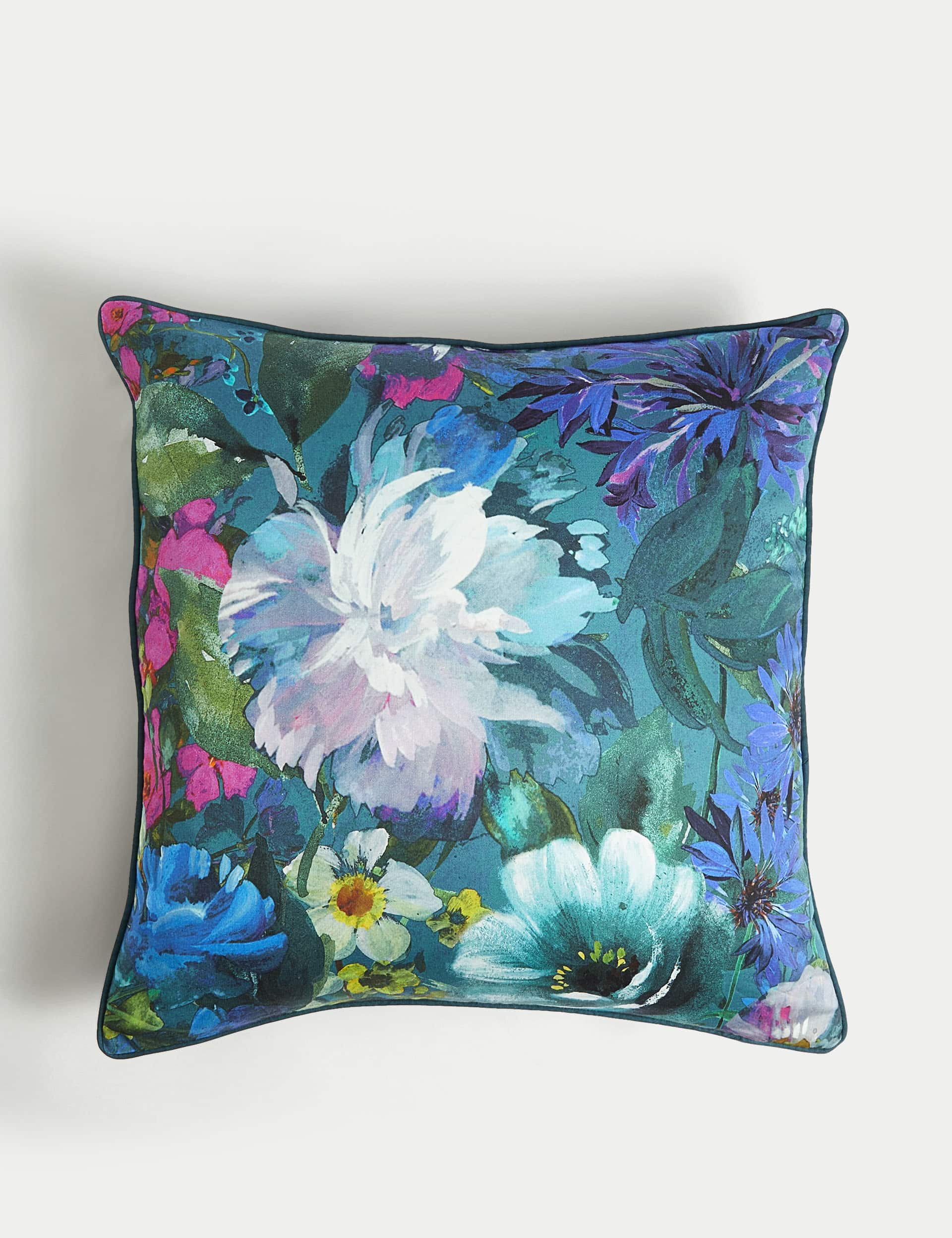 M&S Pure Cotton Floral Cushion - Teal Mix, Teal Mix