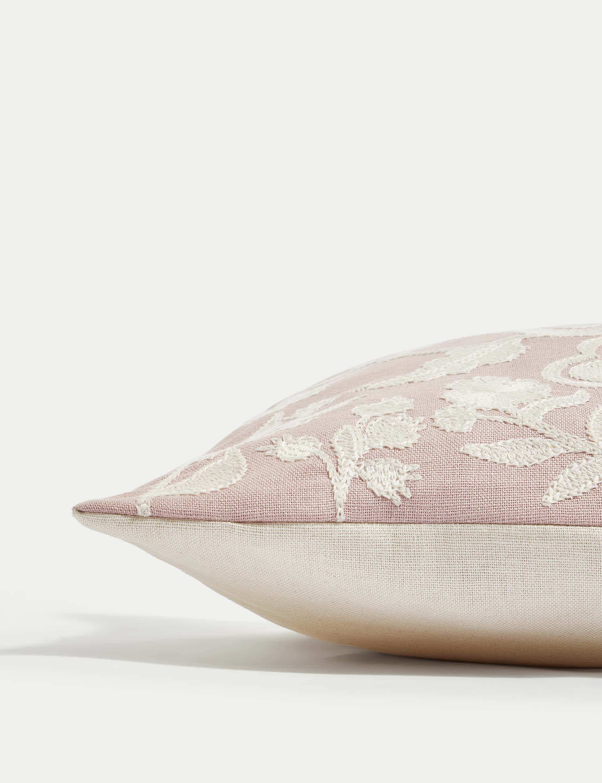 M&S Collection Linen Blend Floral Embroidered Bolster Cushion - Pink Mix, Pink Mix