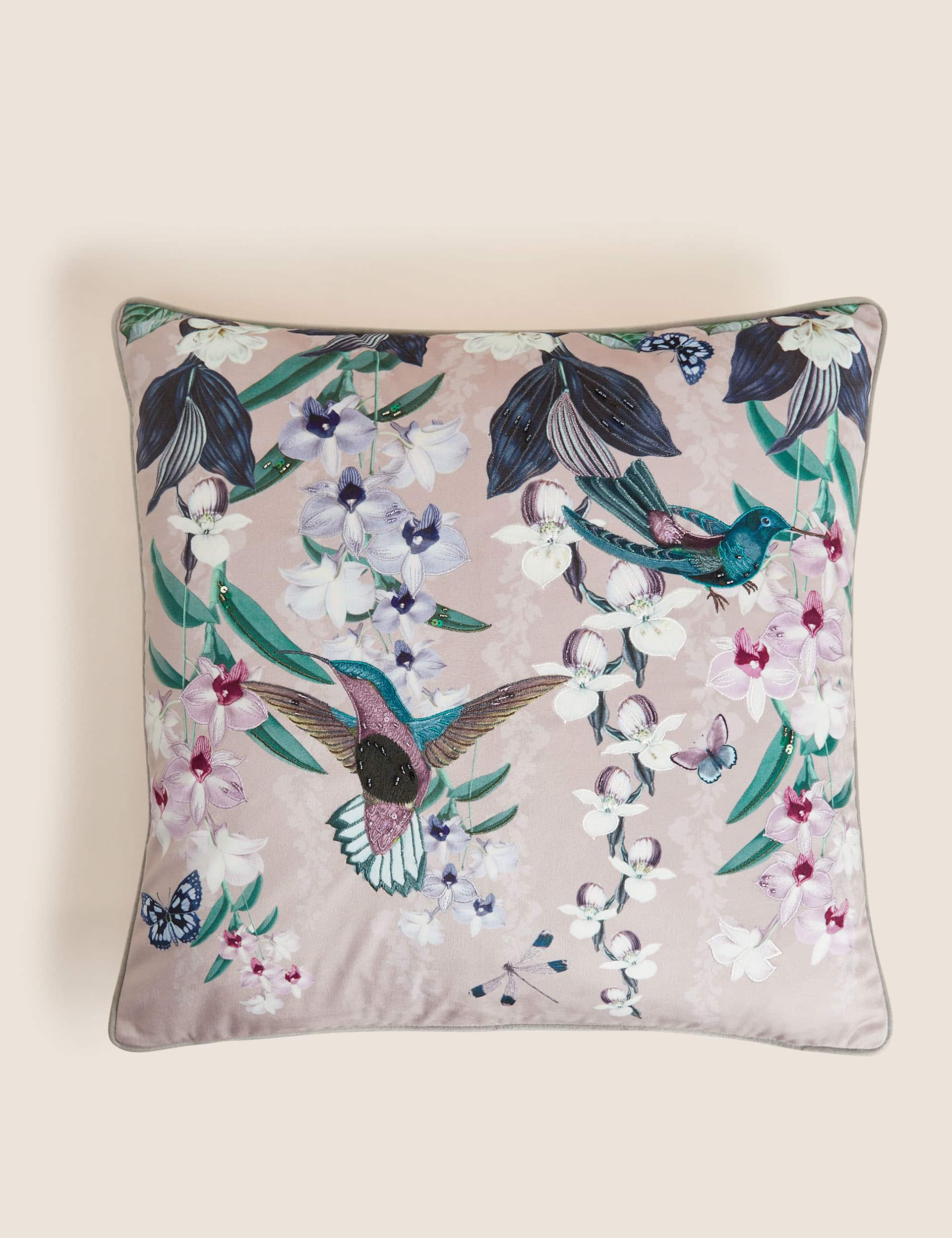 M&S Velvet Hummingbird Embellished Cushion - Pink Mix, Teal Mix,Pink Mix