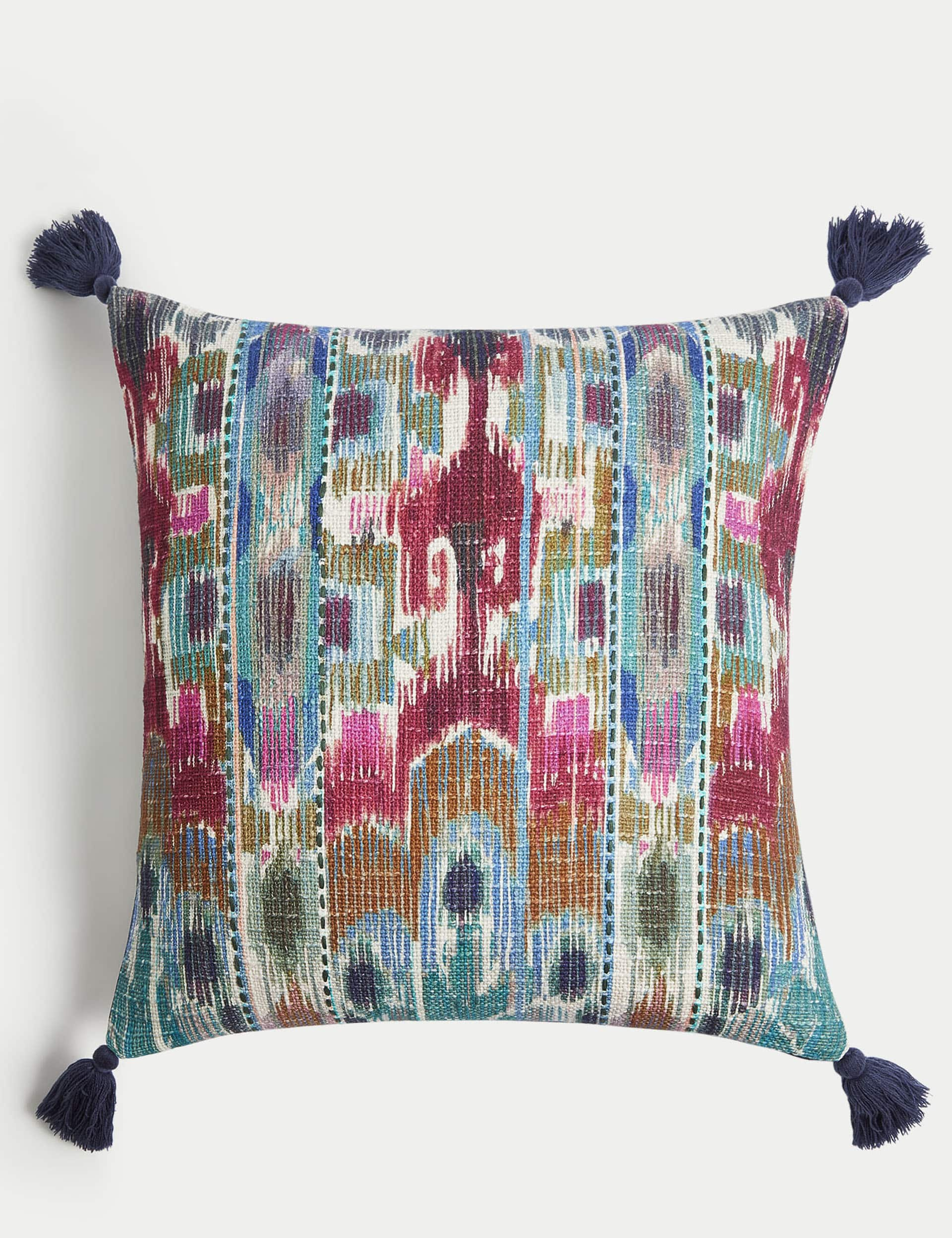 M&S Pure Cotton Embroidered Tasseled Cushion - Blue Mix, Blue Mix