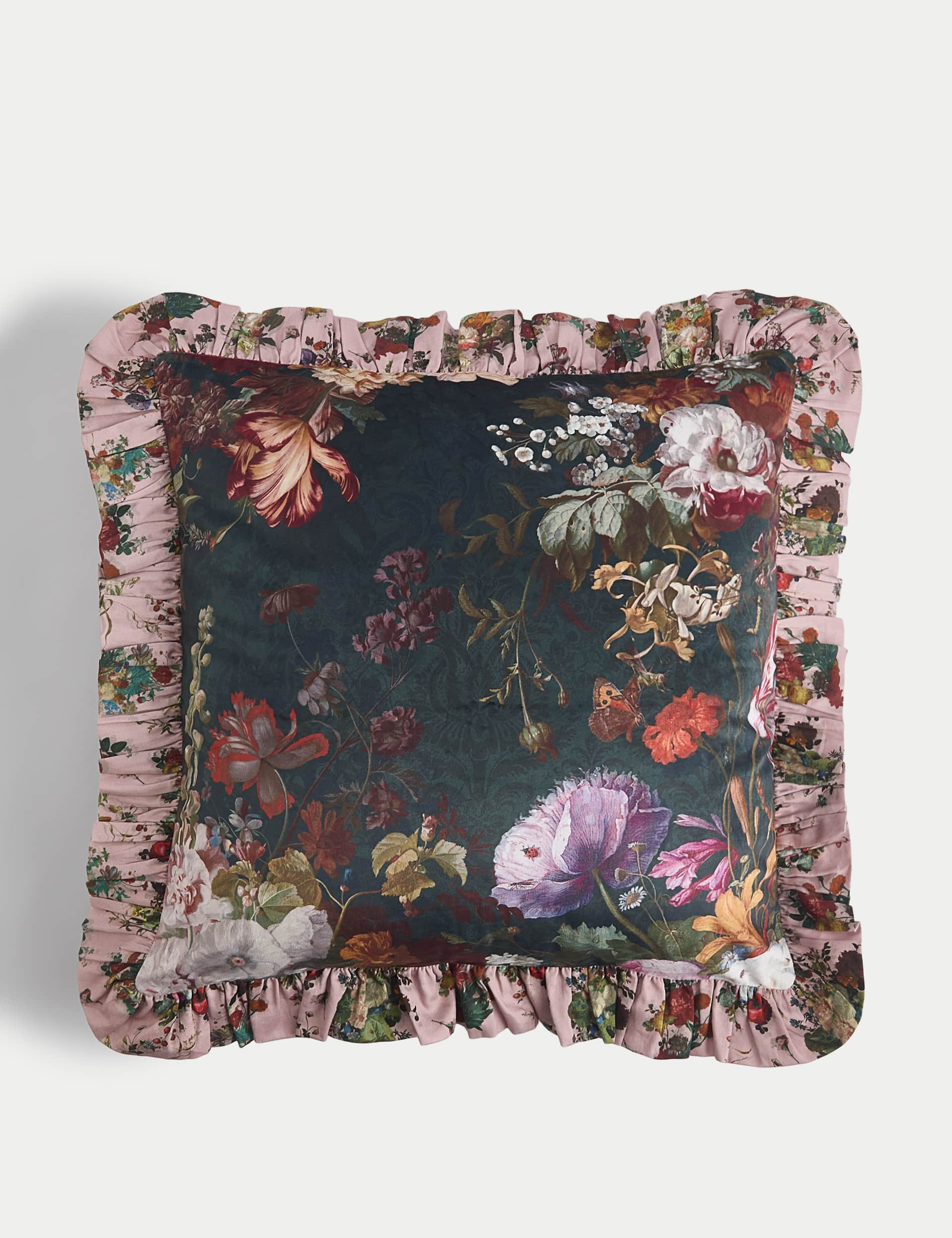 M&S X National Gallery Velvet Floral Ruffle Trim Cushion - Navy Mix, Navy Mix