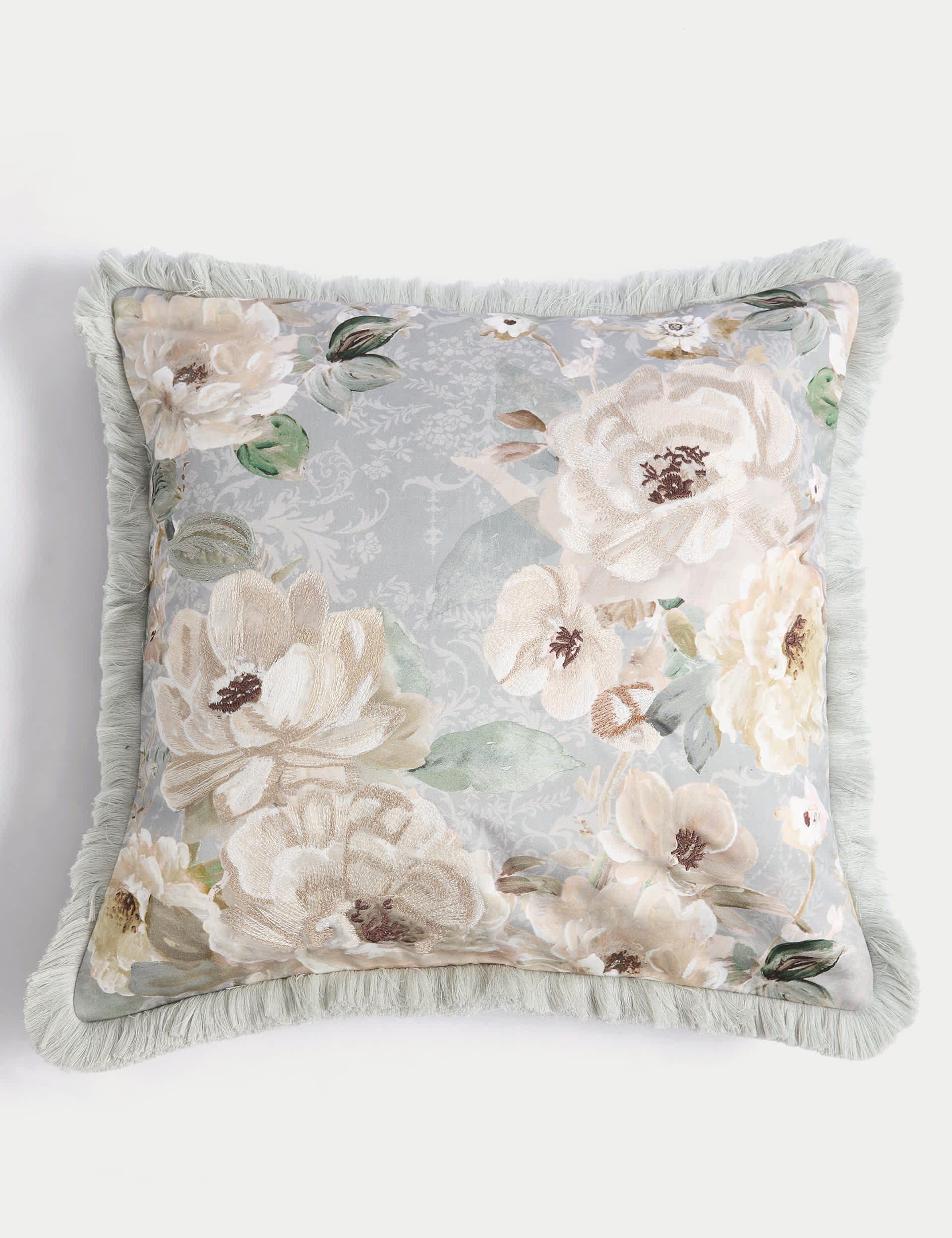 M&S Pure Cotton Floral Fringed Cushion - Green Mix, Green Mix