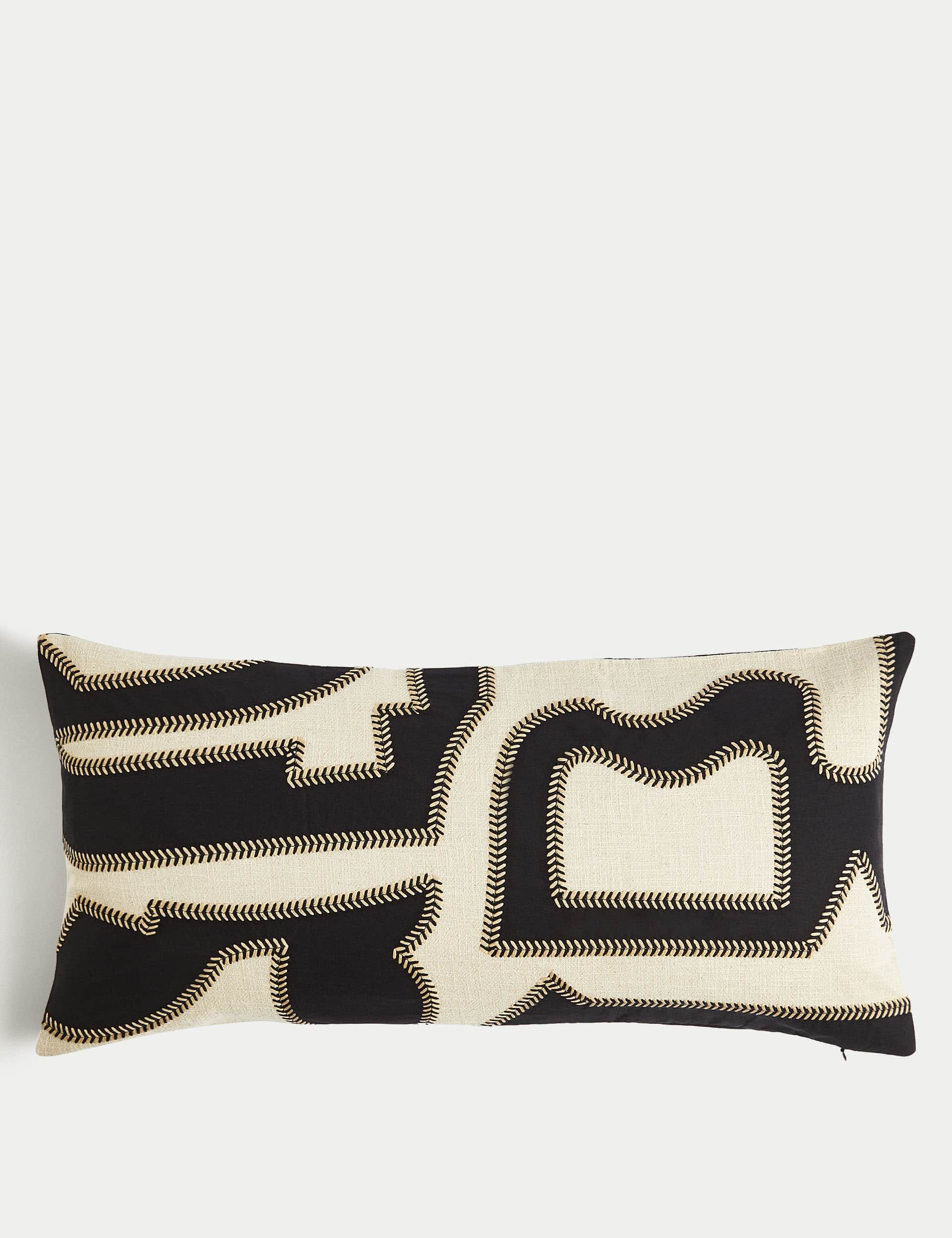 M&S Collection Cotton Embroidered Bolster Cushion with Linen - Black Mix, Black Mix