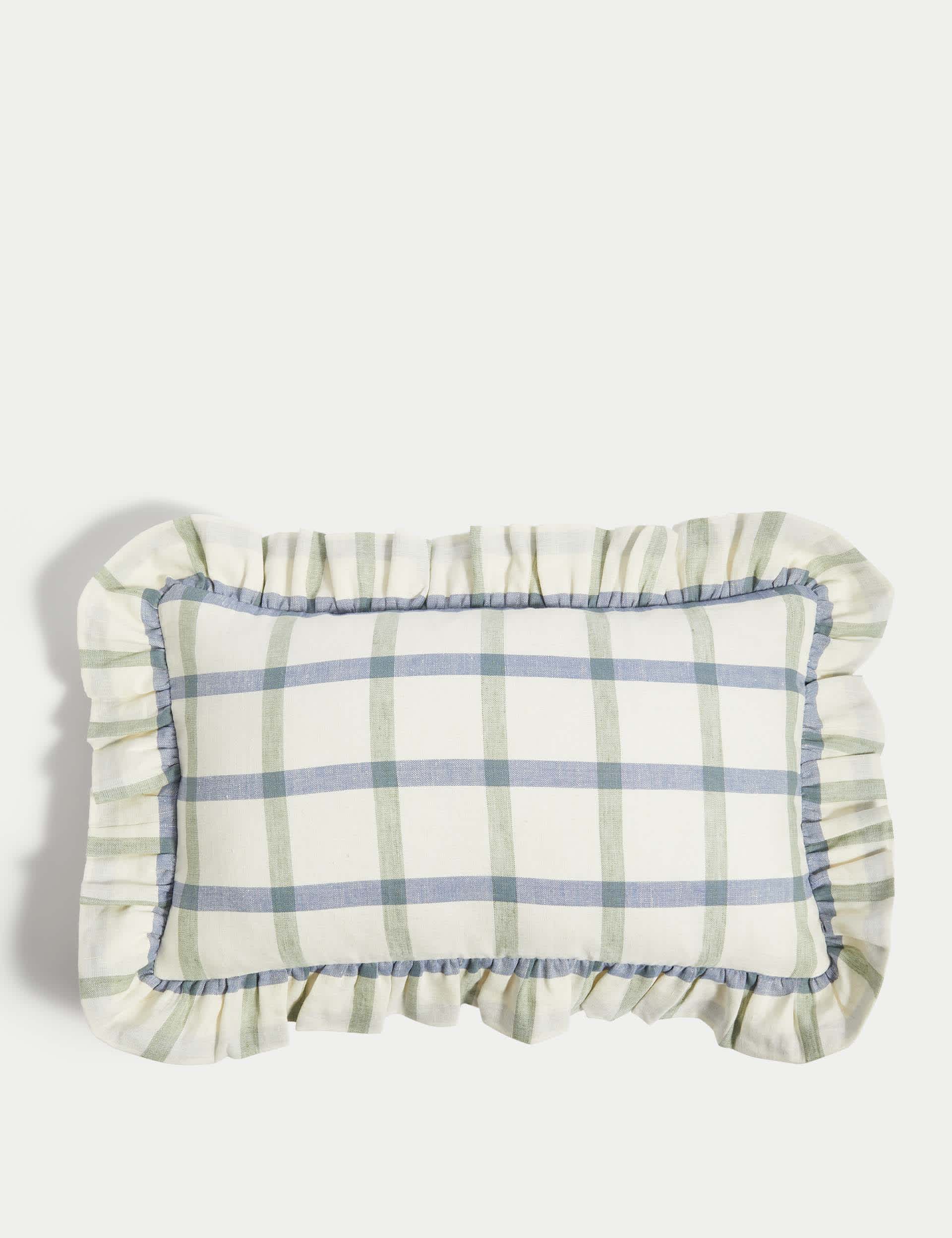 M&S Cotton with Linen Checked Bolster Cushion - Ivory Mix, Ivory Mix