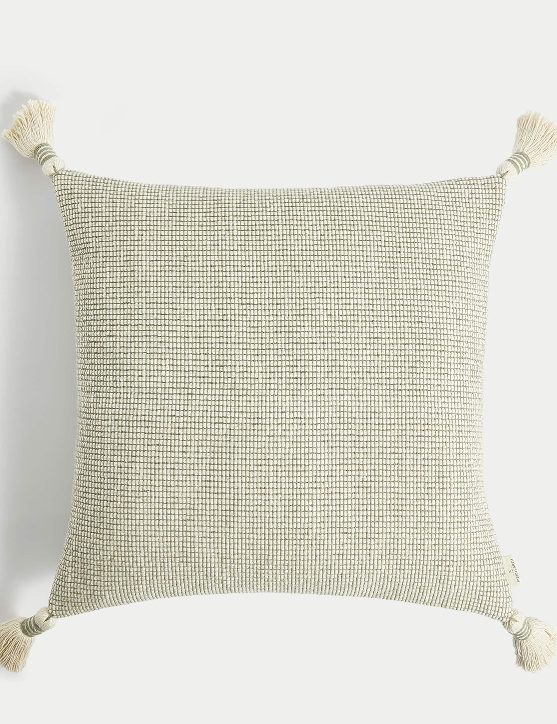 M&S X Fired Earth Pure Cotton Textured Tasselled Cushion - Weald Green, Carbon Blue,Weald Green,Dust