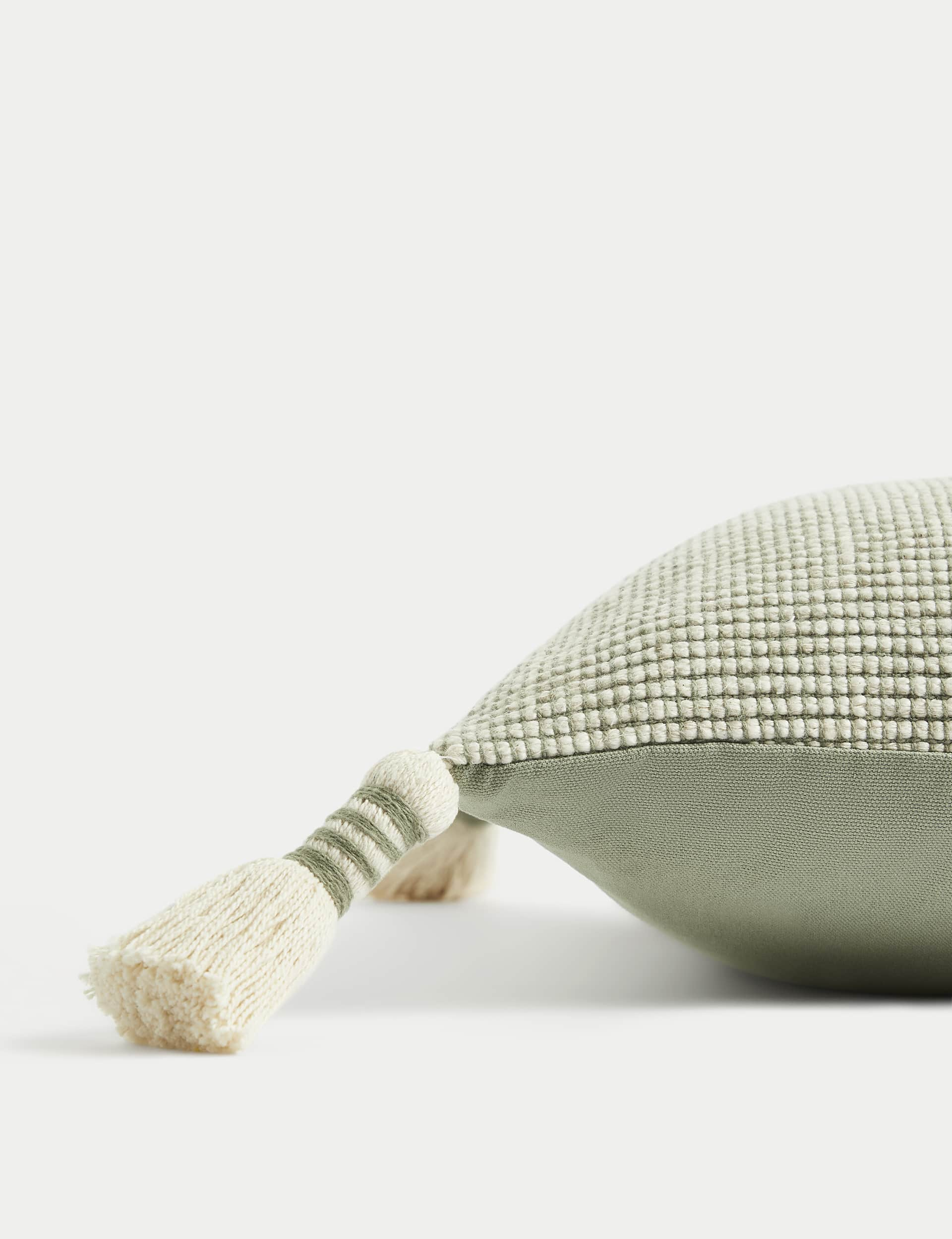 M&S X Fired Earth Pure Cotton Textured Tasselled Cushion - Weald Green, Weald Green,Dusty Cedar