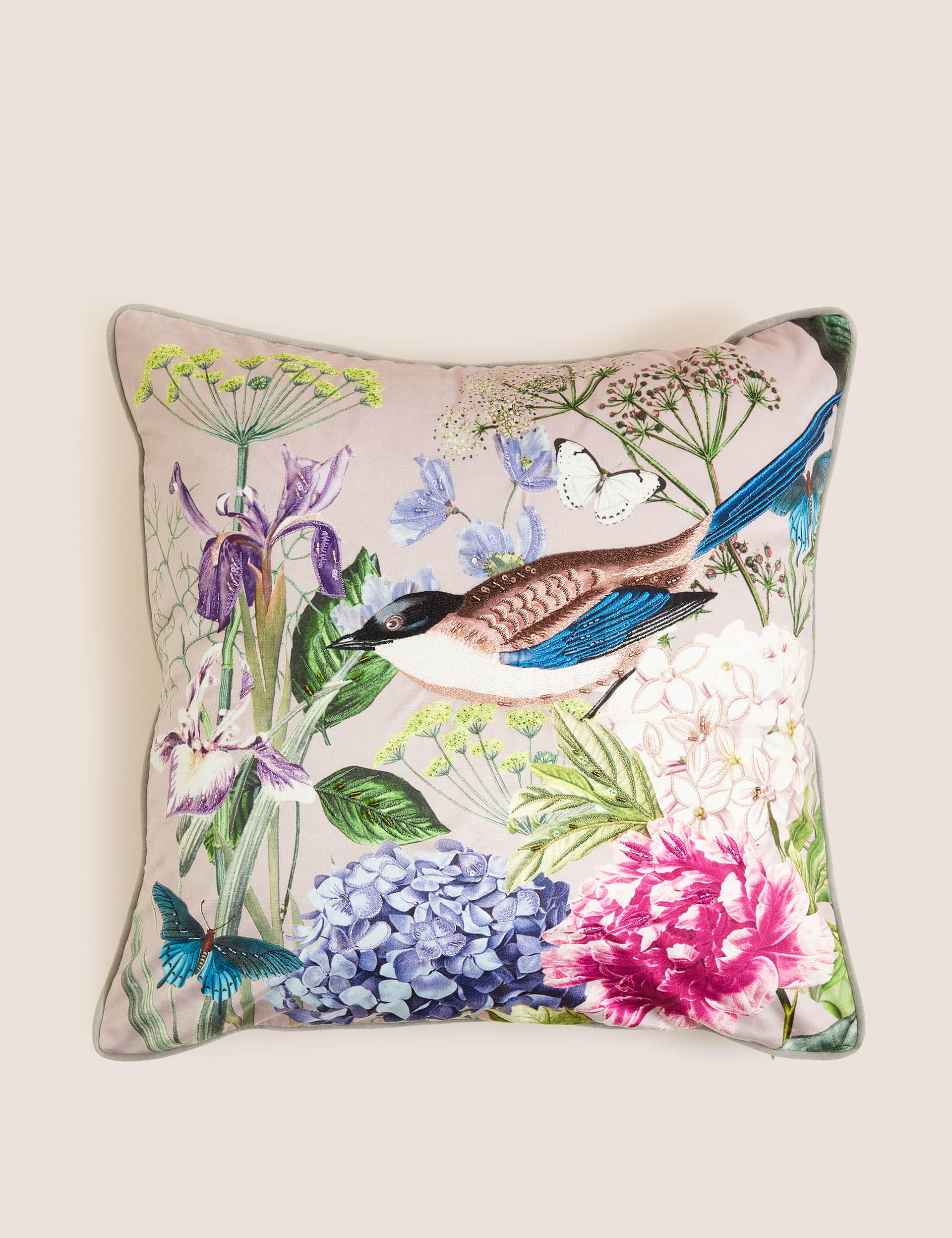 M&S Bird Floral Embellished Cushion - Pink Mix, Pink Mix