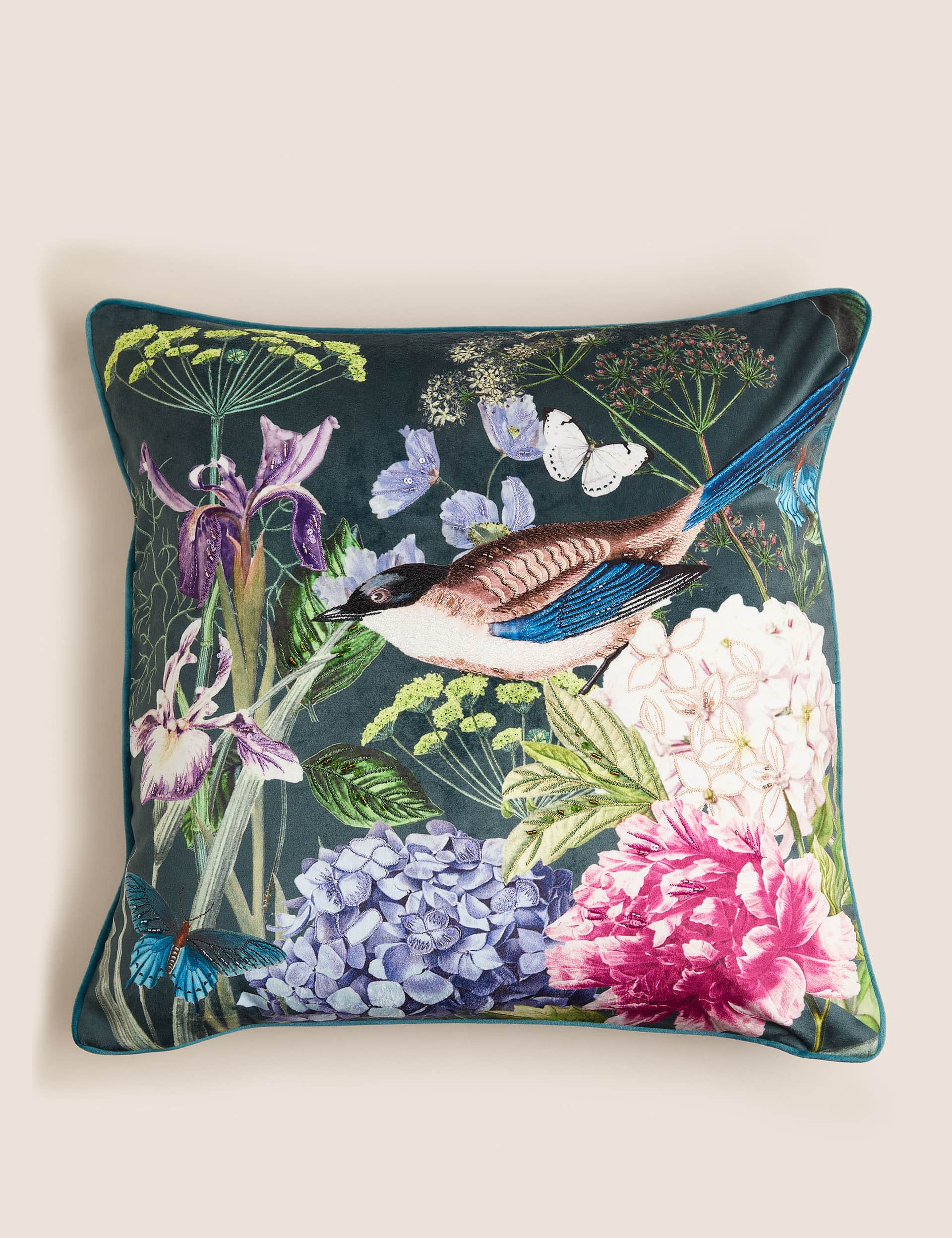 M&S Bird Floral Embellished Cushion - Green Mix, Green Mix,Pink Mix