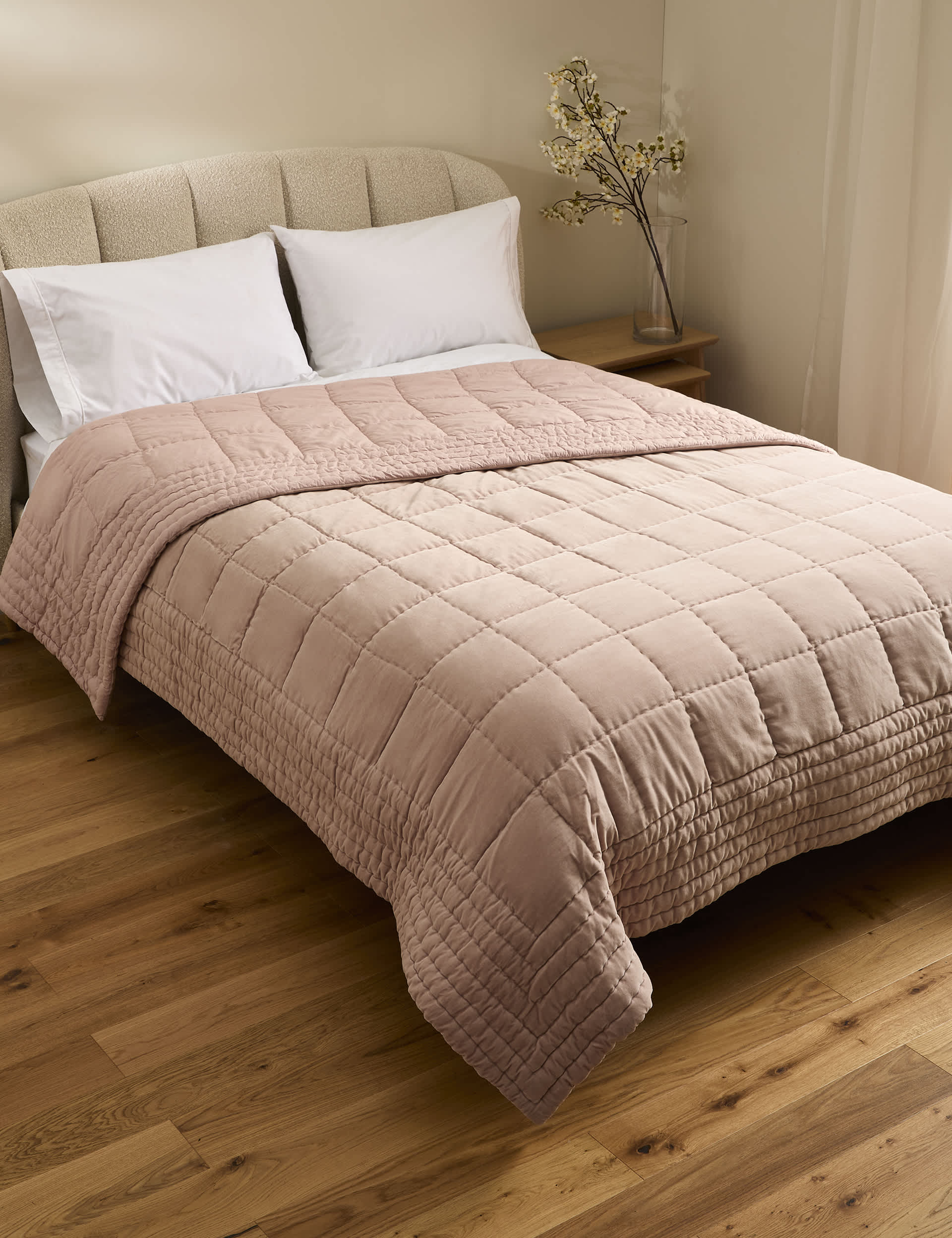 M&S Cotton Velvet Quilted Bedspread - MED - Pink, Sage,Pink