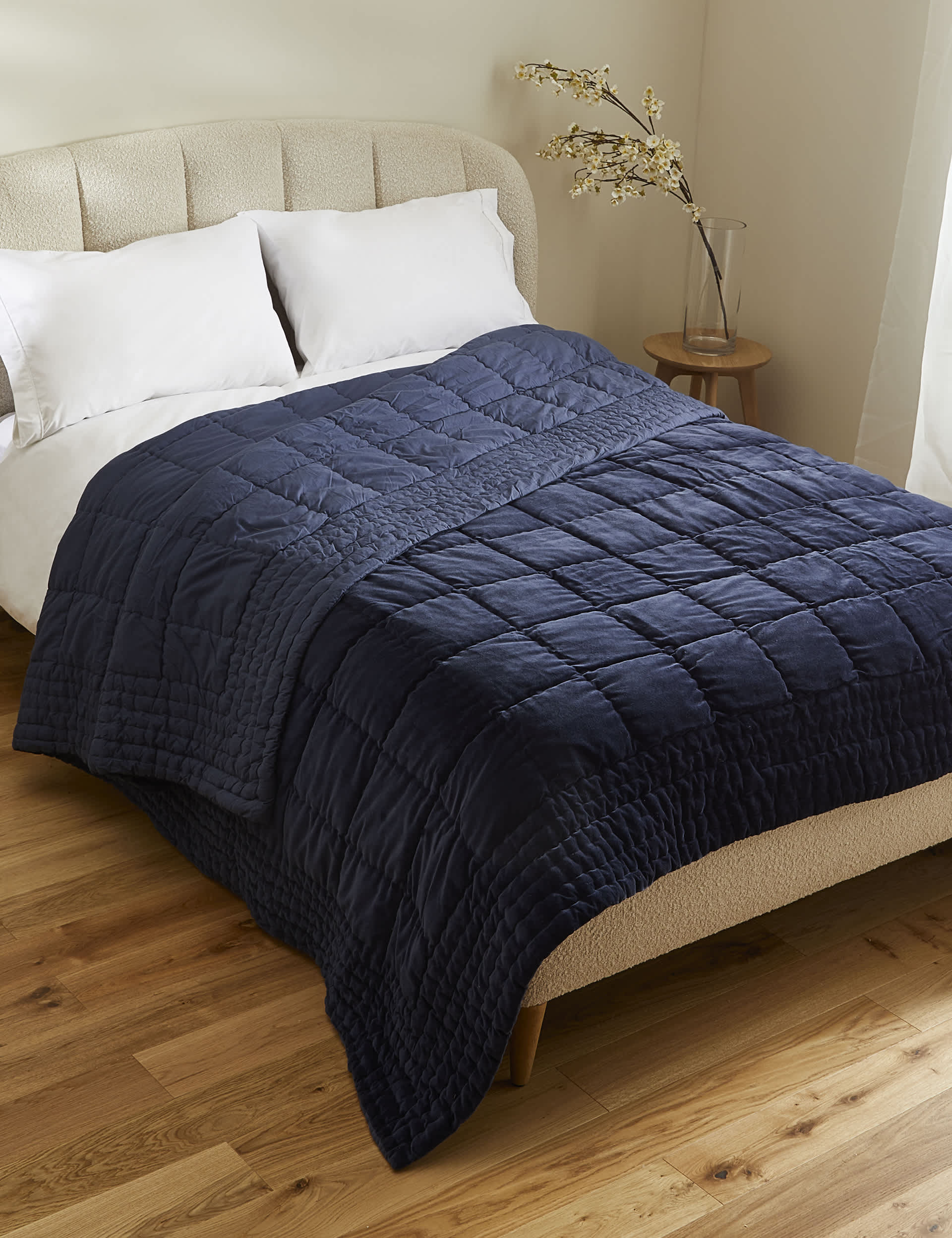 M&S Cotton Velvet Quilted Bedspread - MED - Navy, Navy