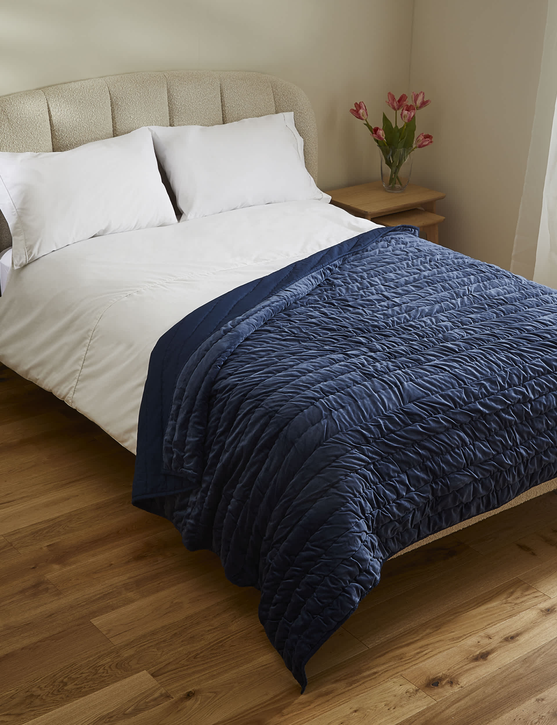 M&S Velvet Quilted Bedspread - Large - Light Navy, Light Navy