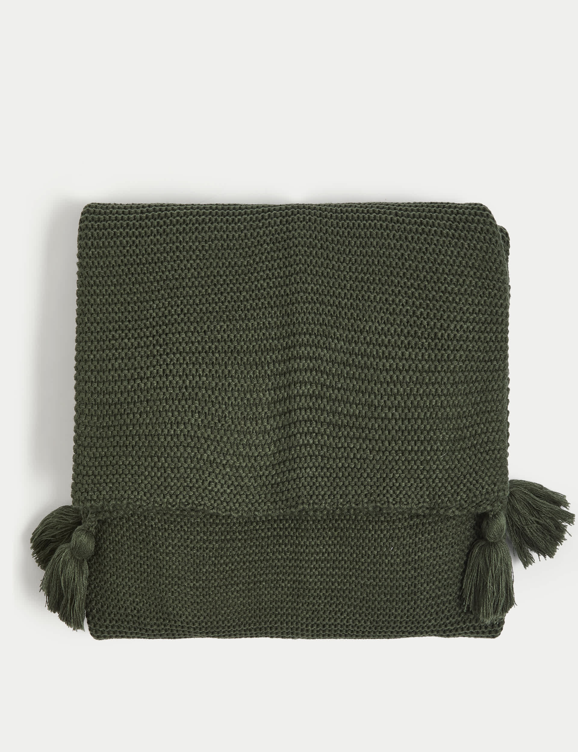 M&S Knitted Tassel Throw - Dark Green, Dark Green,Navy