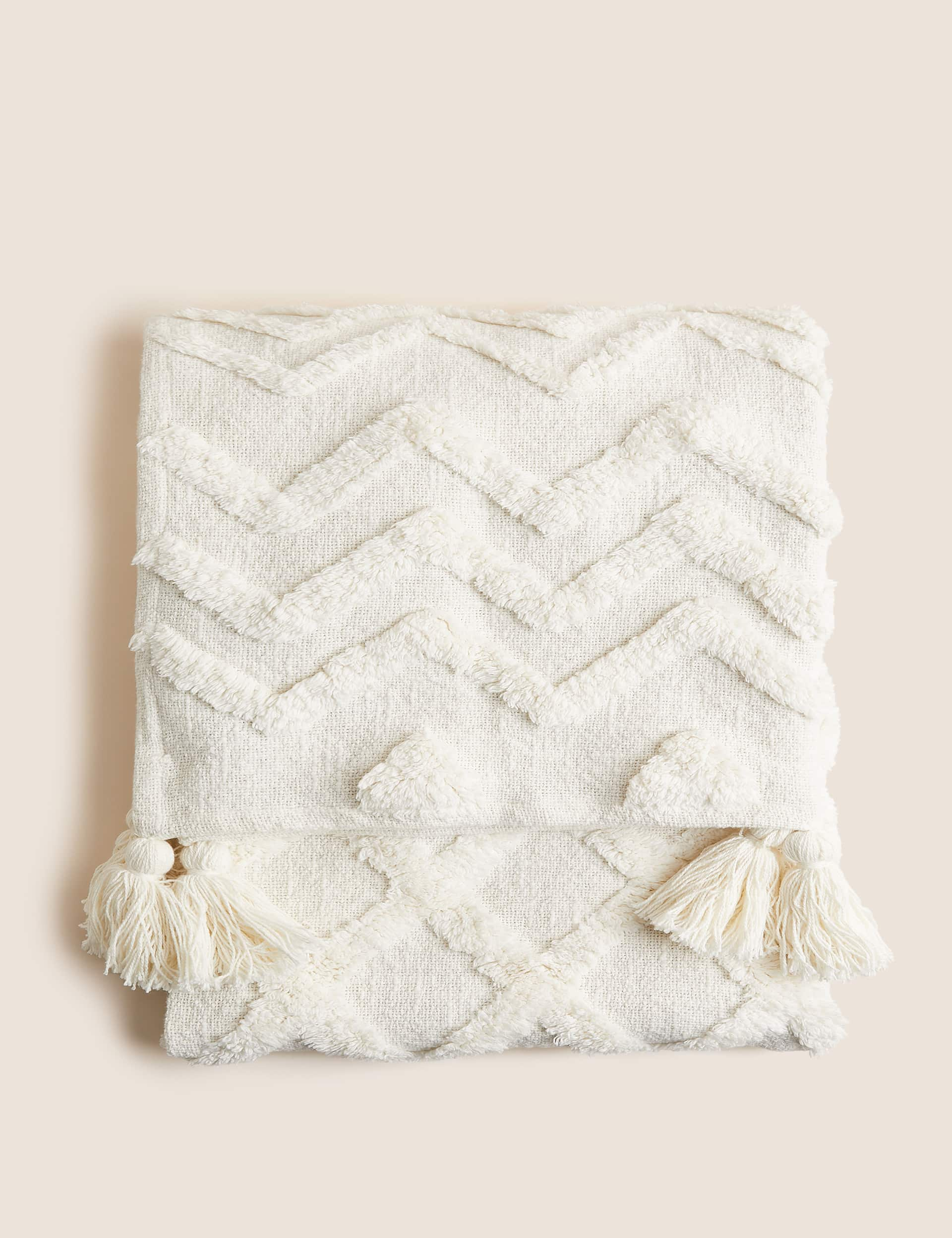 M&S Pure Cotton Patterned Tassel Throw - Cream, Cream