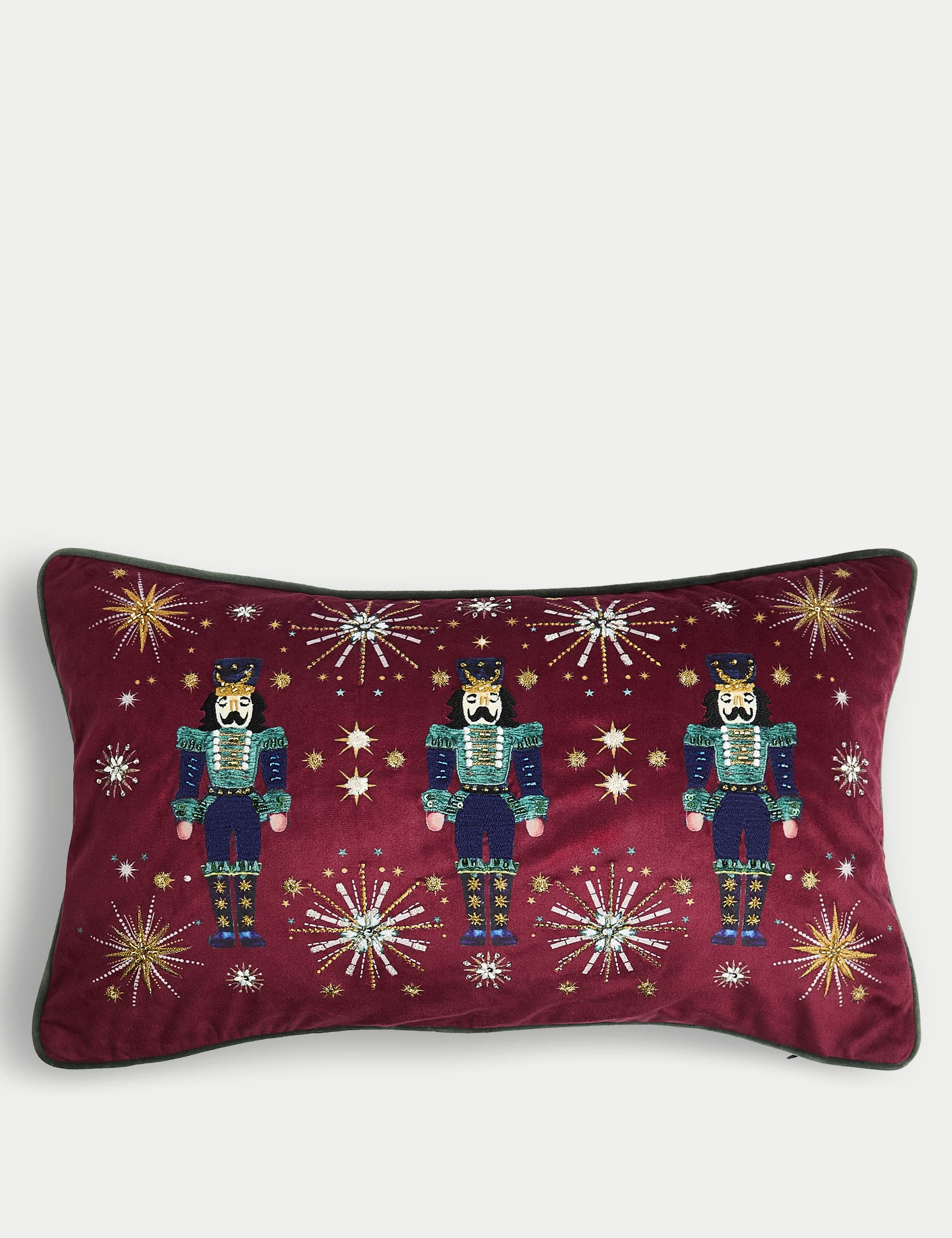 M&S Velvet Nutcracker Embellished Bolster Cushion - Red, Dark Green,Red