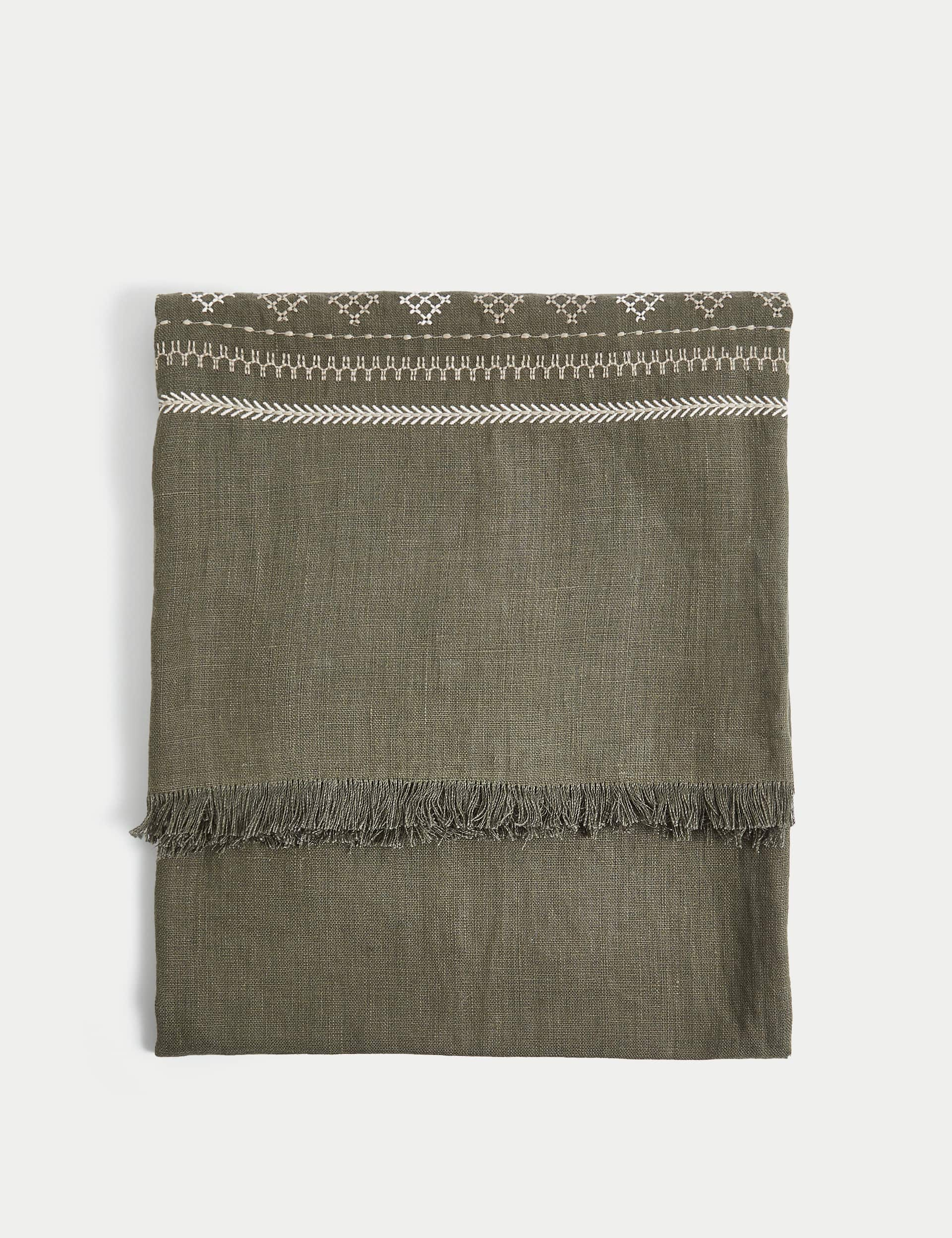 M&S Pure Linen Embroidered Throw - Khaki Mix, Khaki Mix