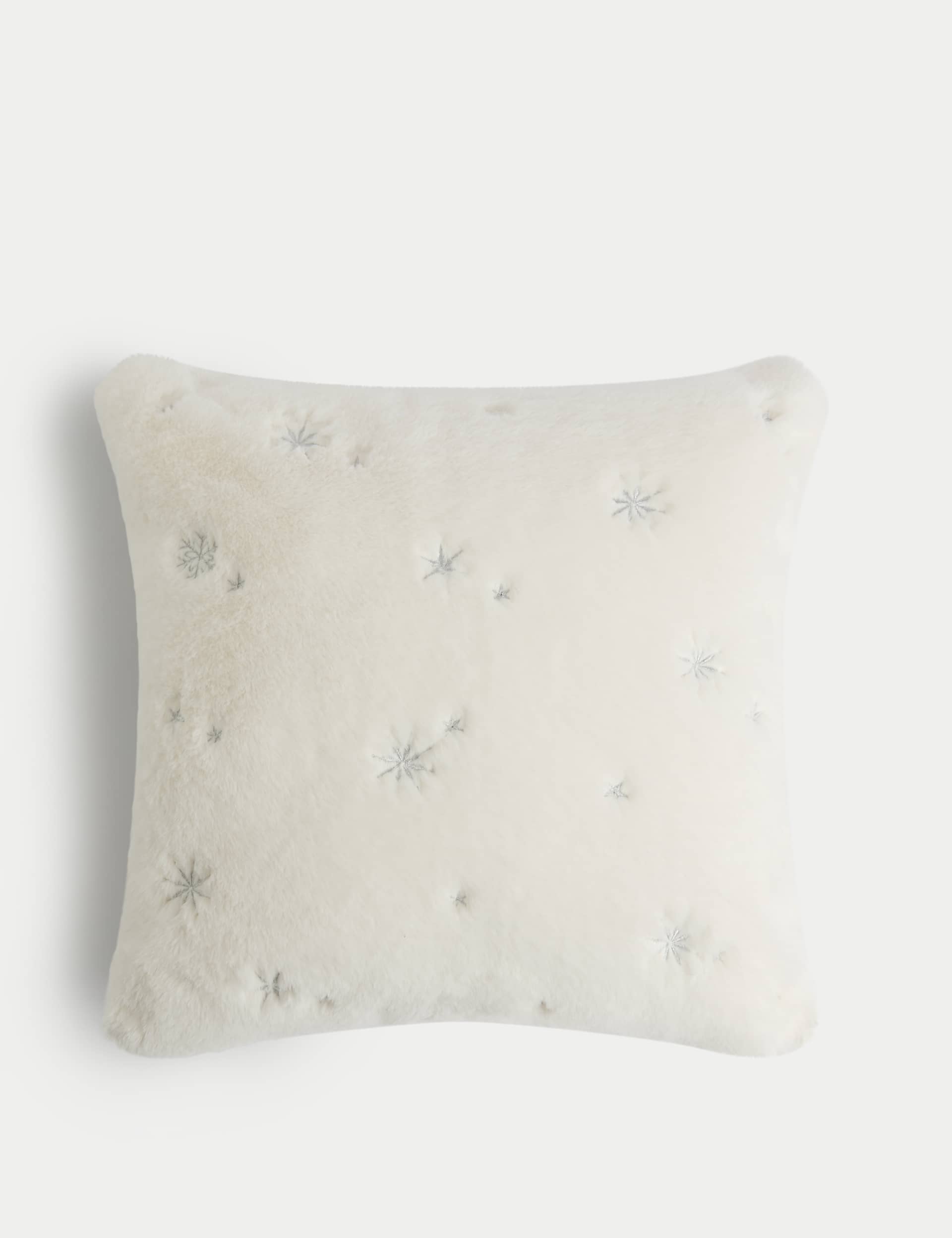 M&S Supersoft Faux Fur Embroidered Cushion - Cream, Cream