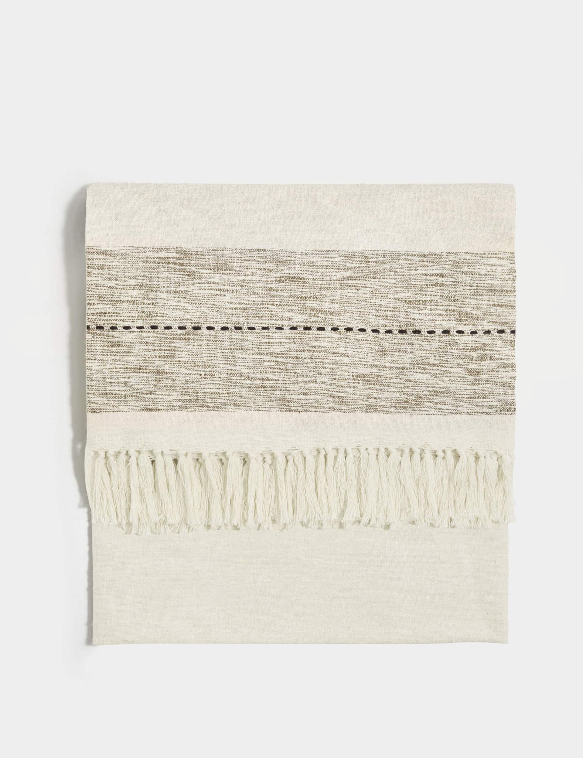 M&S Pure Cotton Striped Textured Throw - Ecru Mix, Ecru Mix