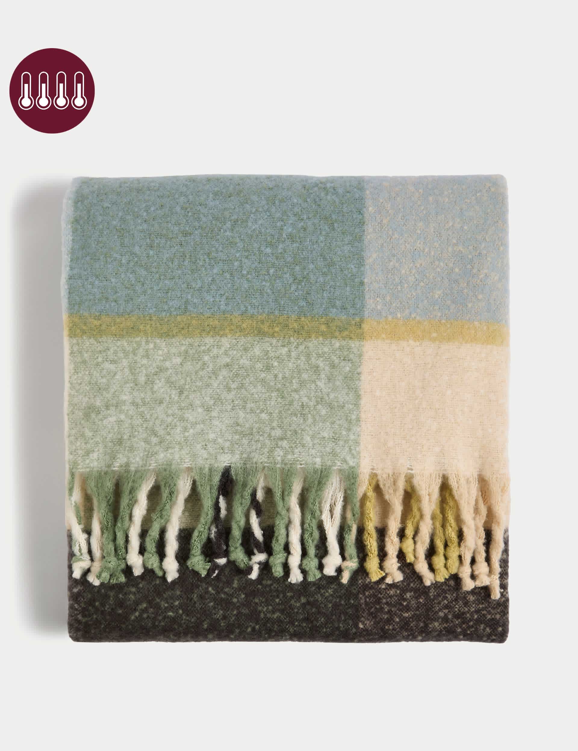 M&S Collection Faux Mohair Checked Throw - Green Mix, Green Mix