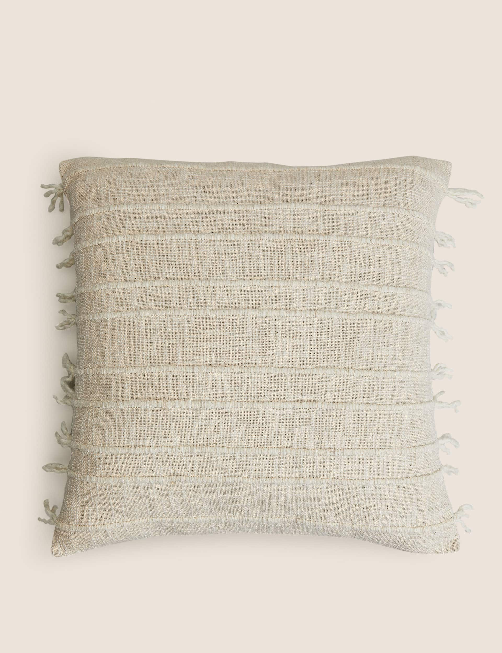 M&S Collection Cotton Rich Striped Tasselled Cushion - Ecru, Ecru