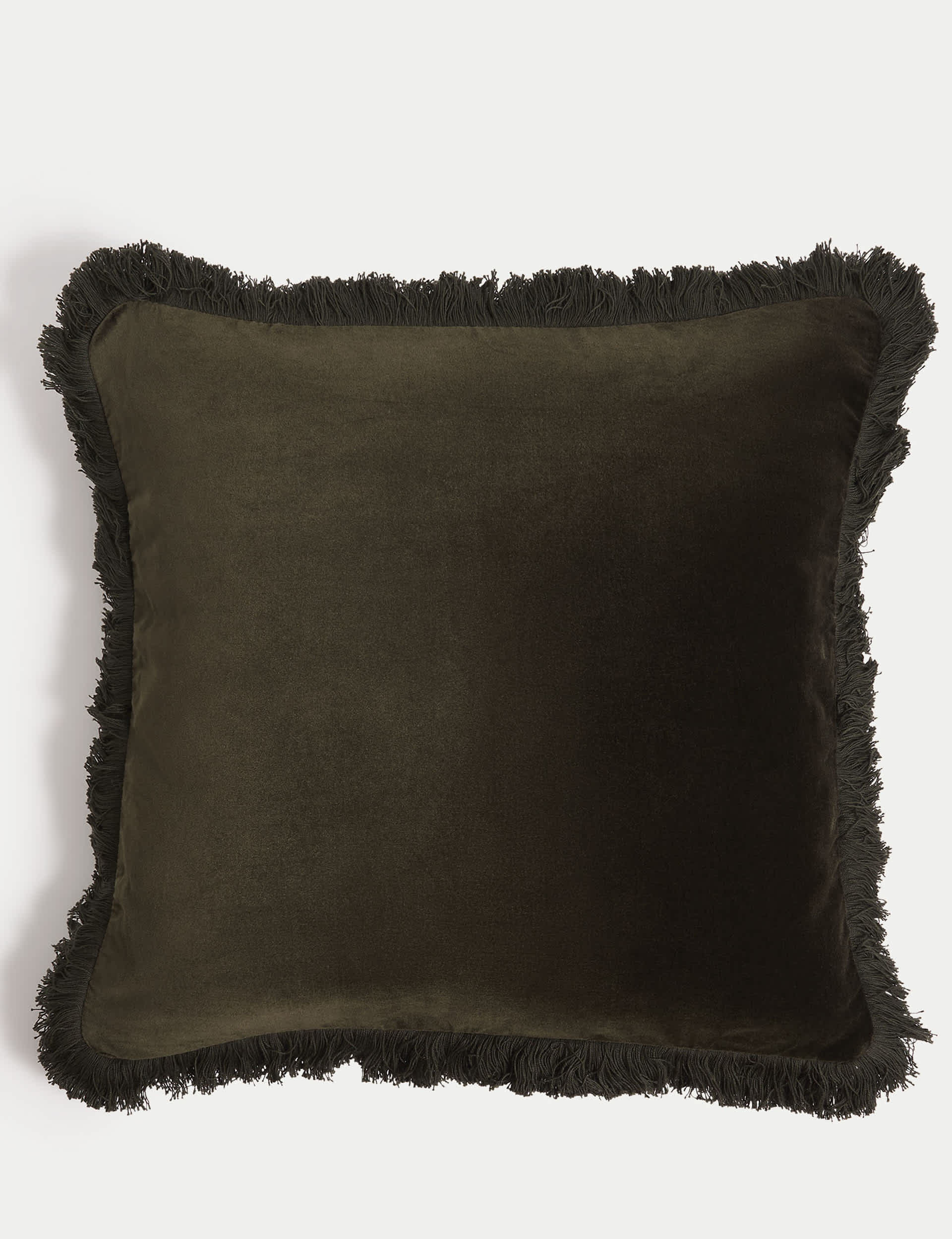 M&S Pure Cotton Velvet Fringed Cushion - Dark Green, Grey,Dark Green