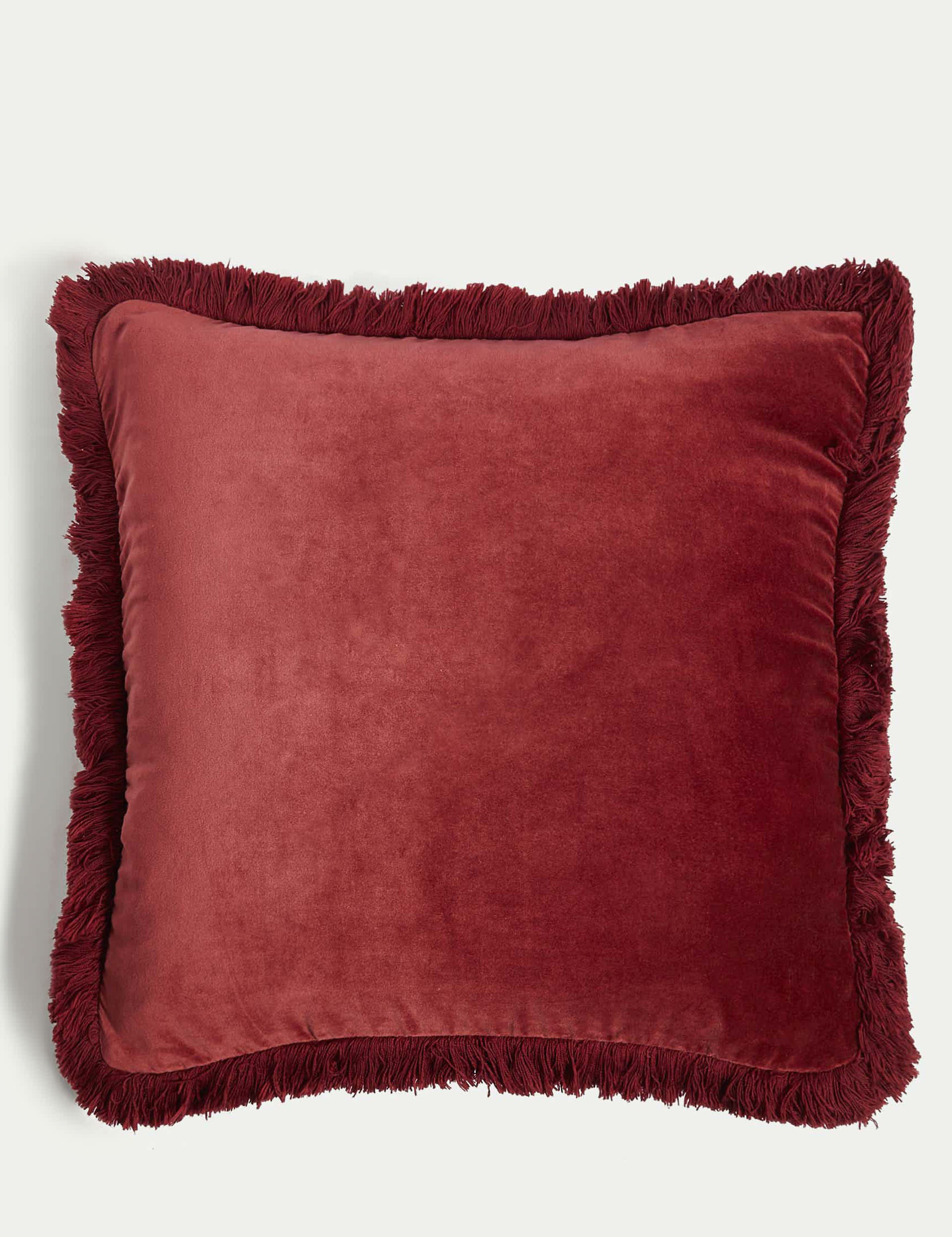 M&S Pure Cotton Velvet Fringed Cushion - Cranberry, Grey,Cranberry,Dark Gold,Dark Green