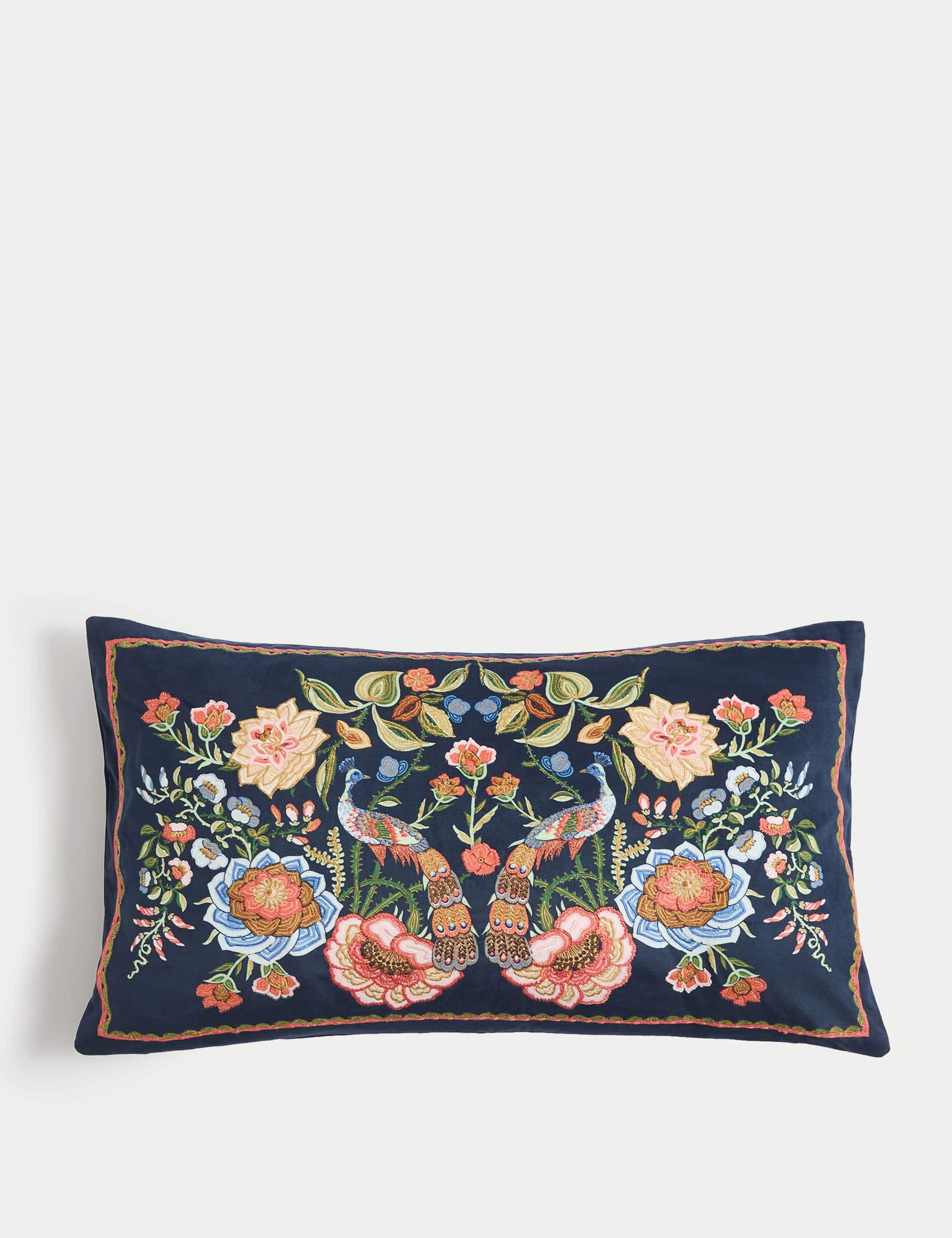 M&S Velvet Bird Embroidered Bolster Cushion - Navy Mix, Navy Mix