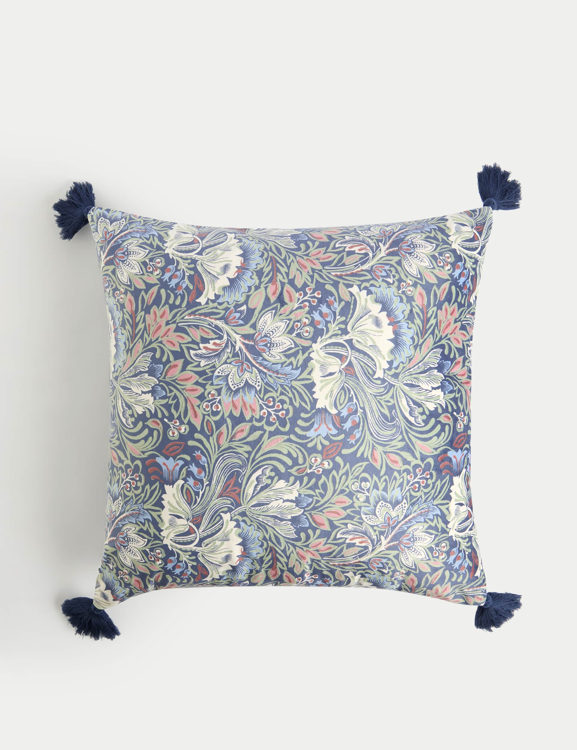 M&S Velvet Floral Tasselled Cushion - Blue Mix, Blue Mix