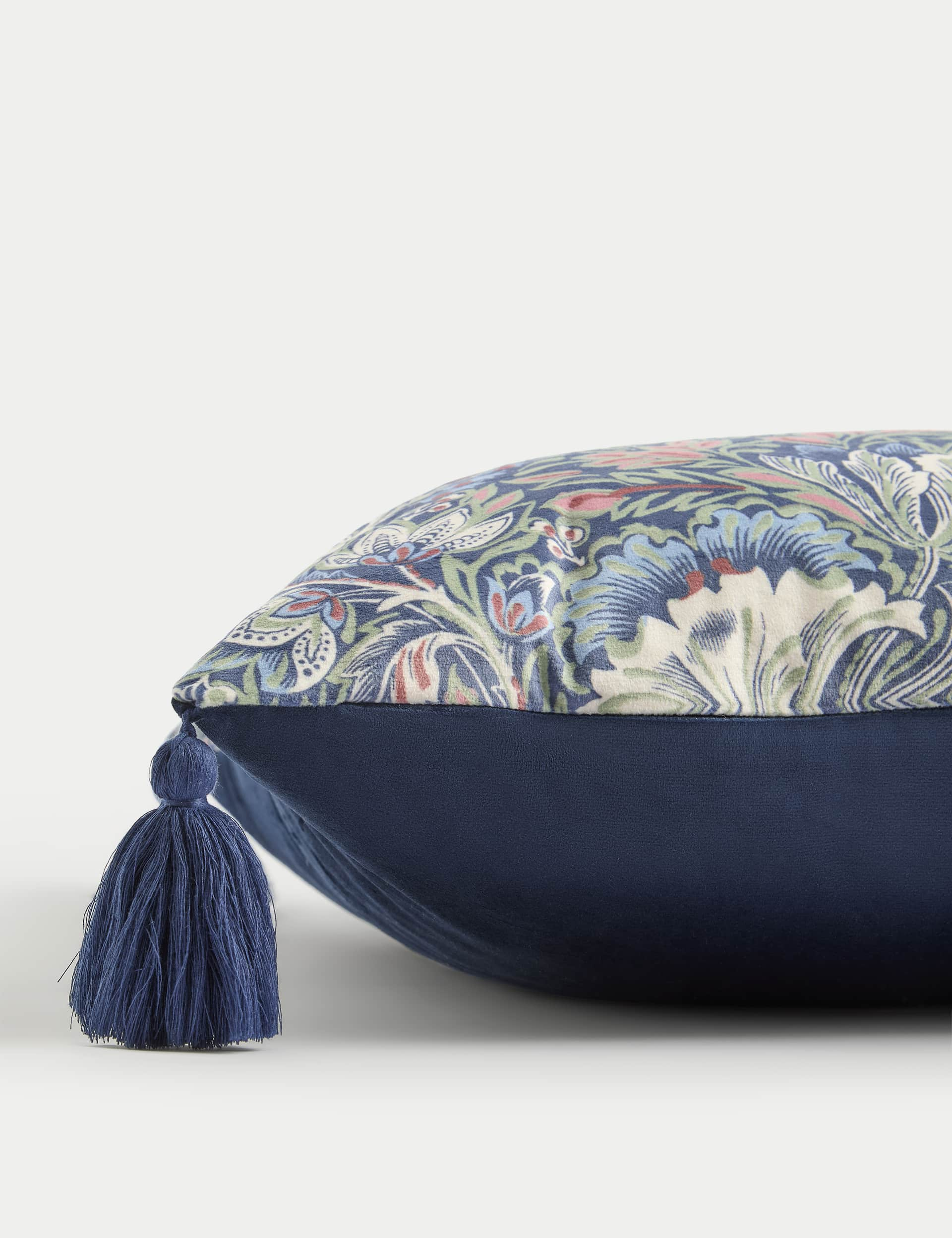 M&S Collection Velvet Floral Tasselled Cushion - Blue Mix, Blue Mix