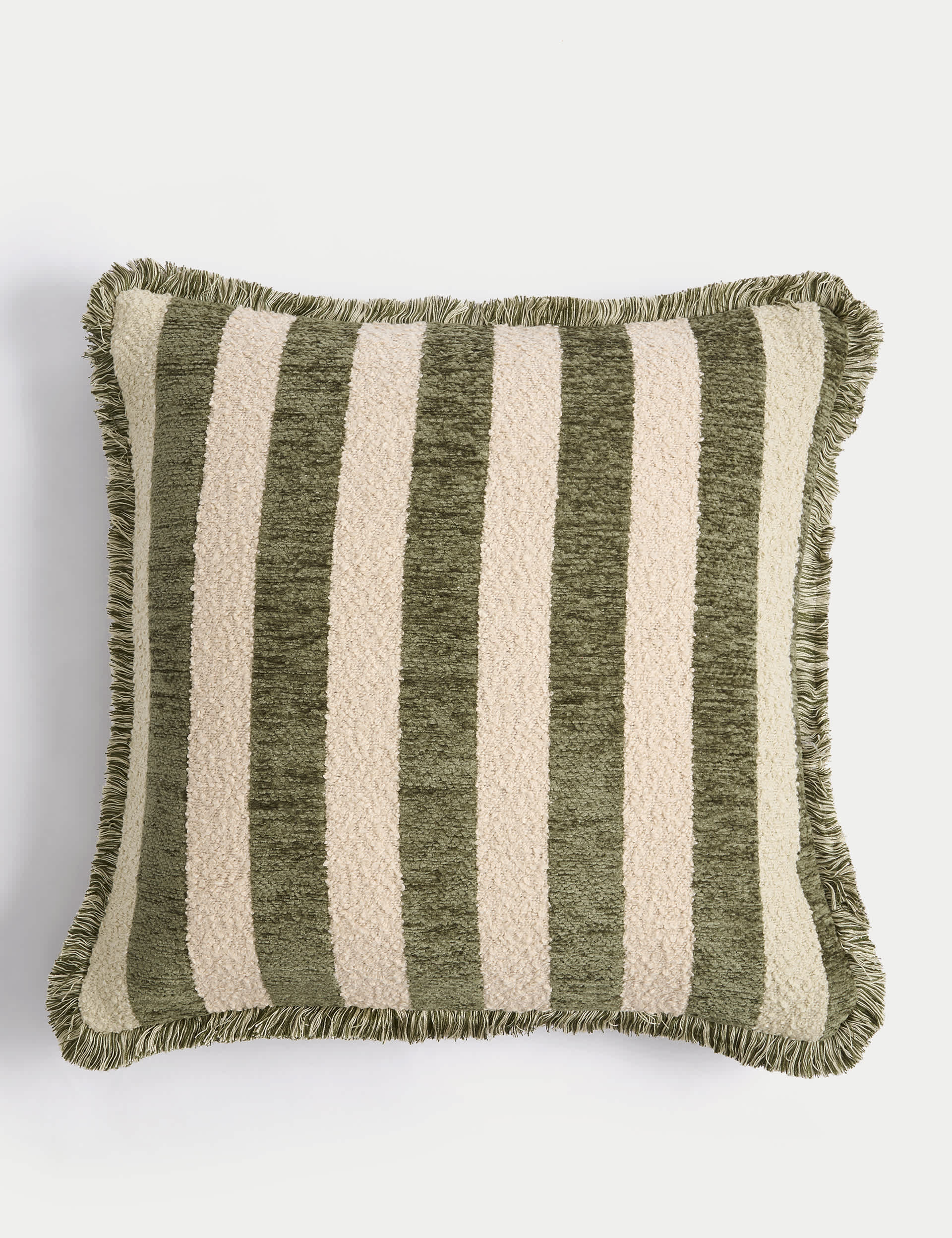 M&S Chenille Striped Fringed Cushion - Green Mix, Green Mix