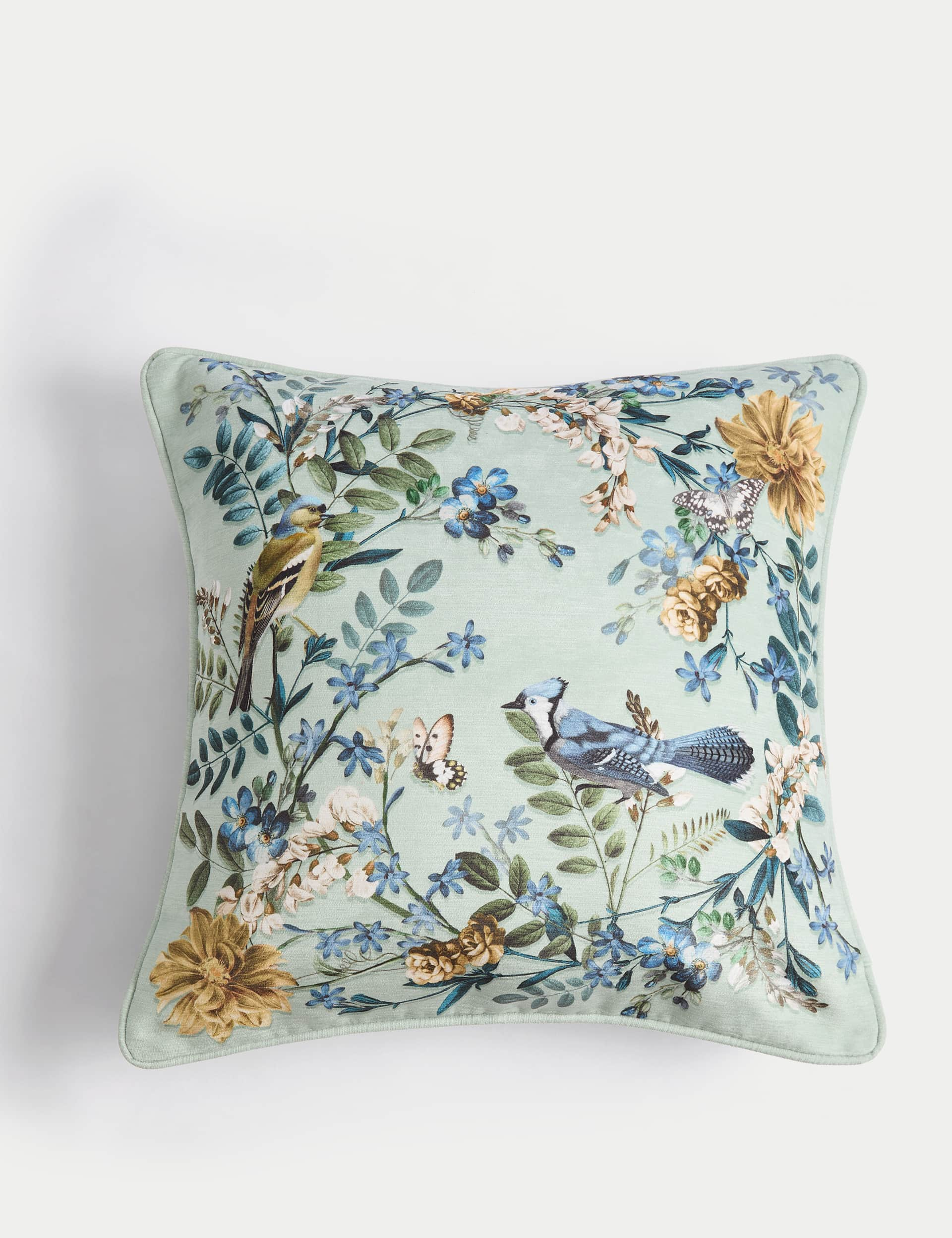 M&S Collection Chenille Bird Print Cushion - Green, Green