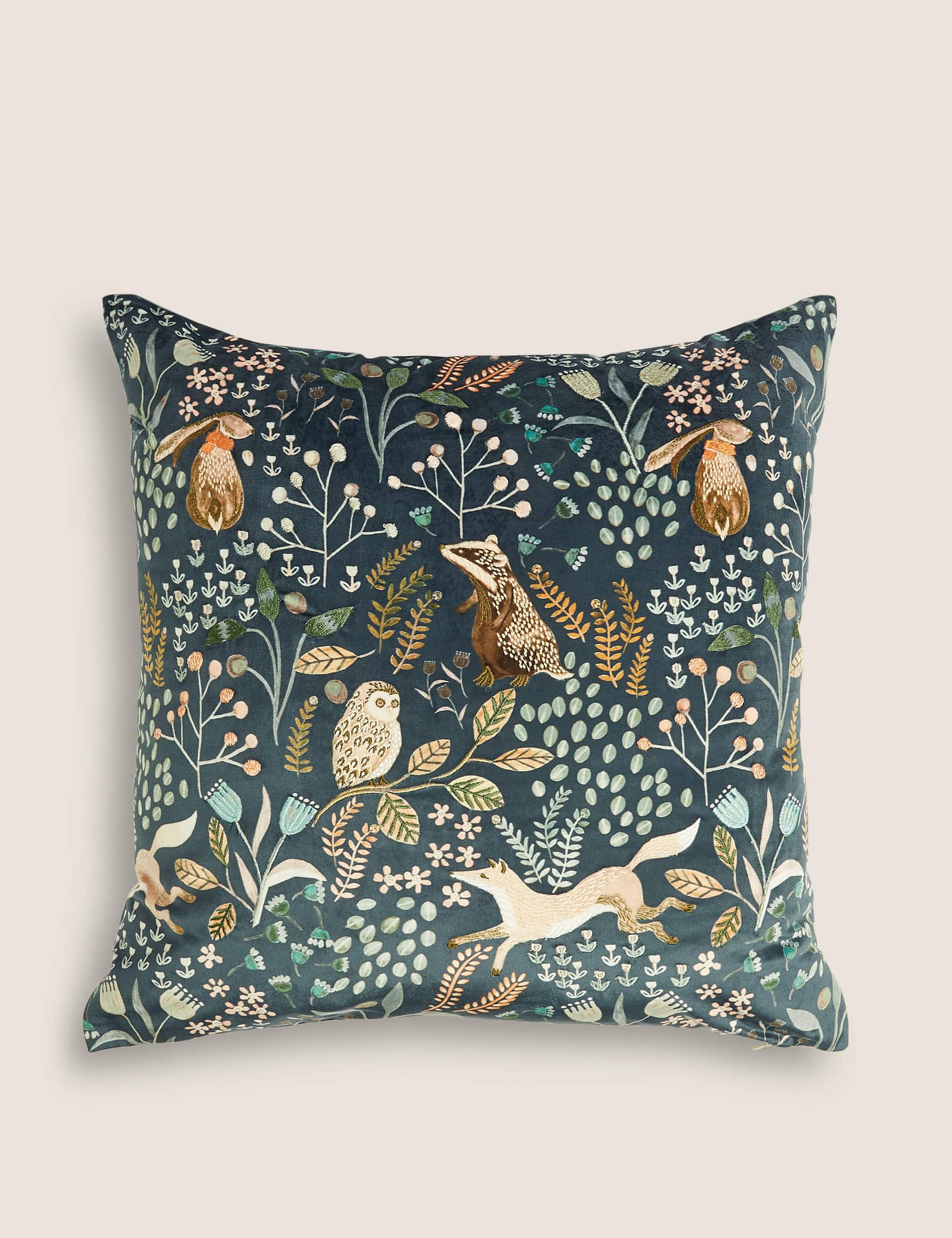 M&S Woodland Print Embroidered Cushion - Navy Mix, Navy Mix,Rust Mix