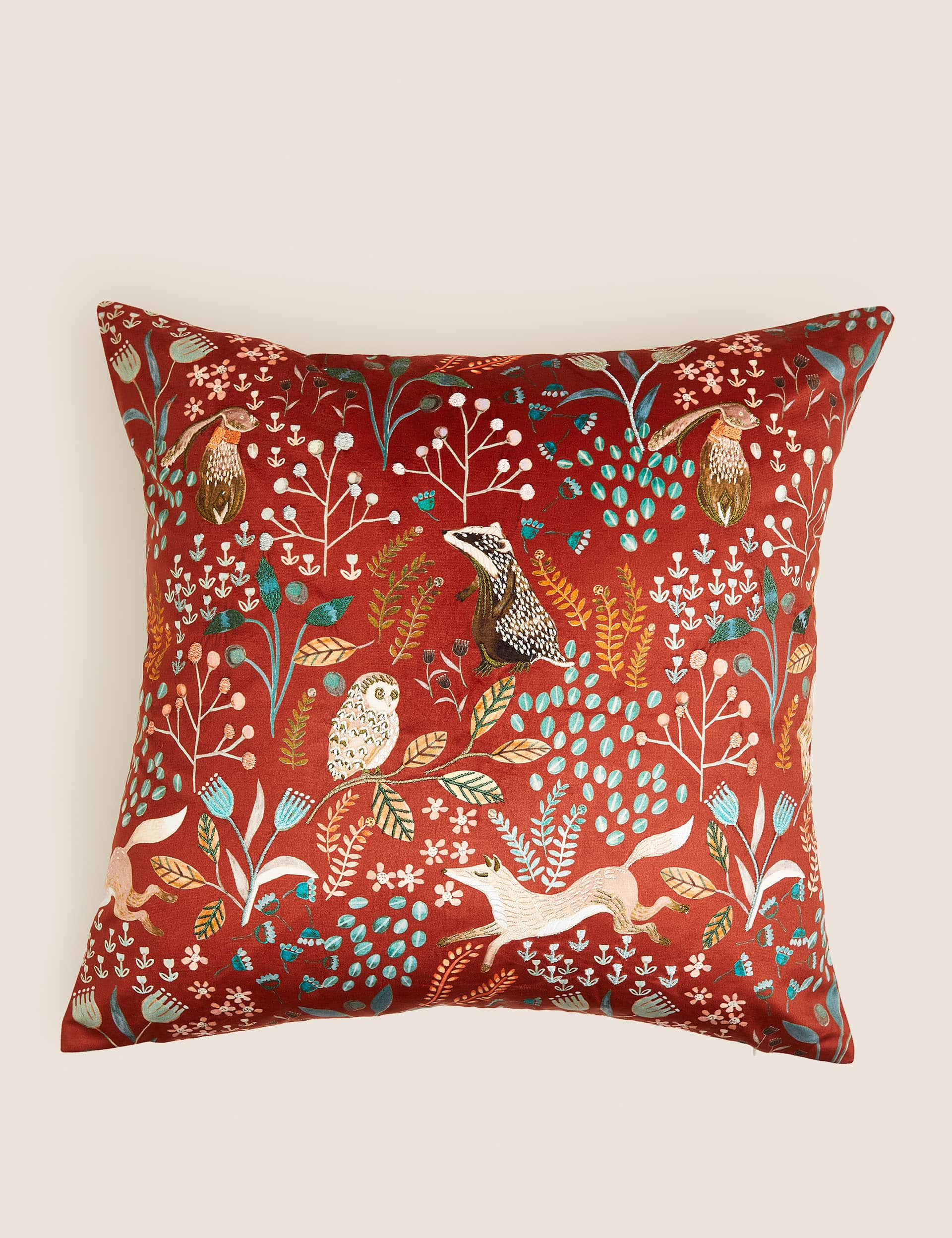 M&S Woodland Print Embroidered Cushion - Rust Mix, Rust Mix