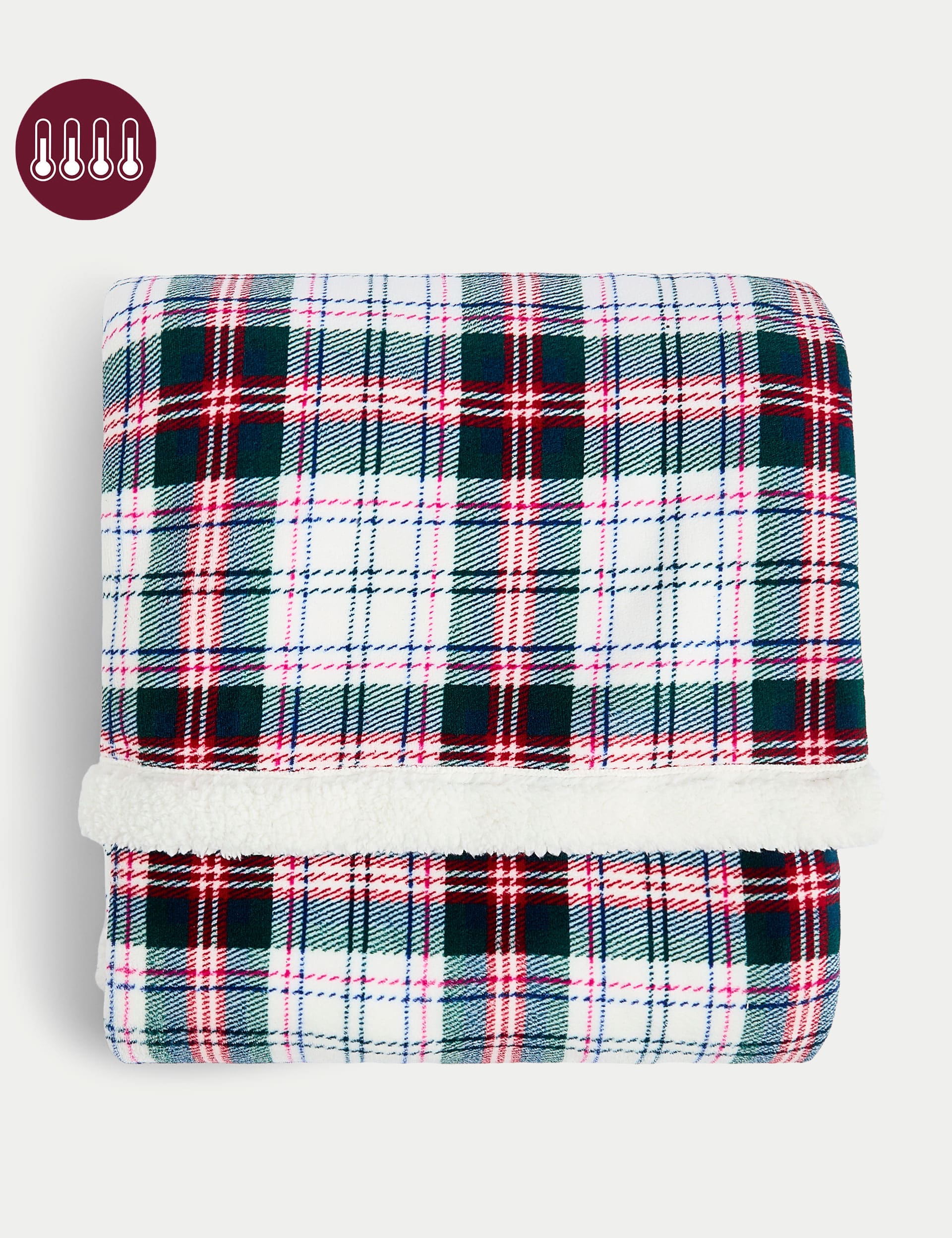 M&S Borg Fleece Check Throw - Large - Cream Mix, Red Mix,Cream Mix