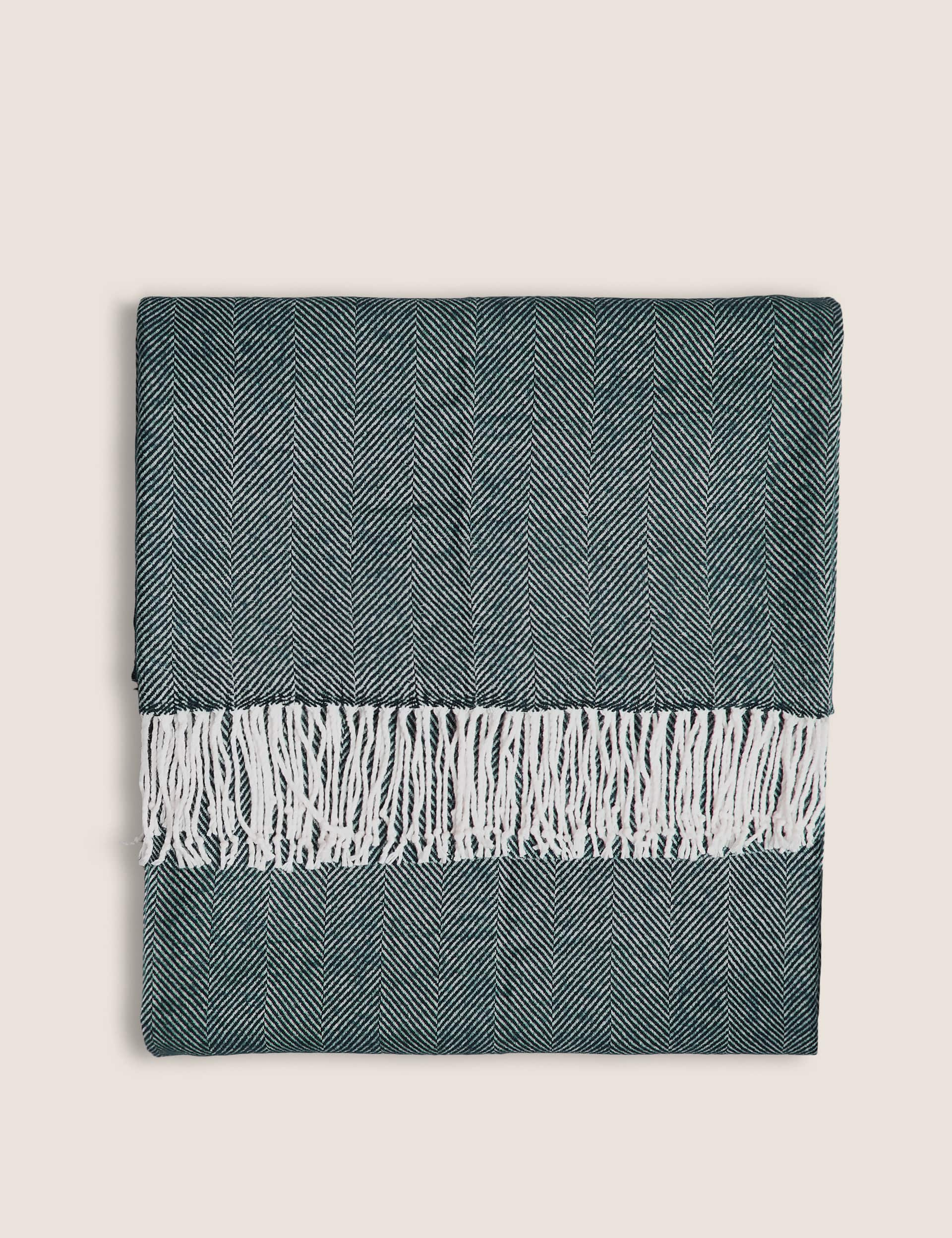 M&S Herringbone Throw - Forest Green, Light Blue,Forest Green,Natural Mix