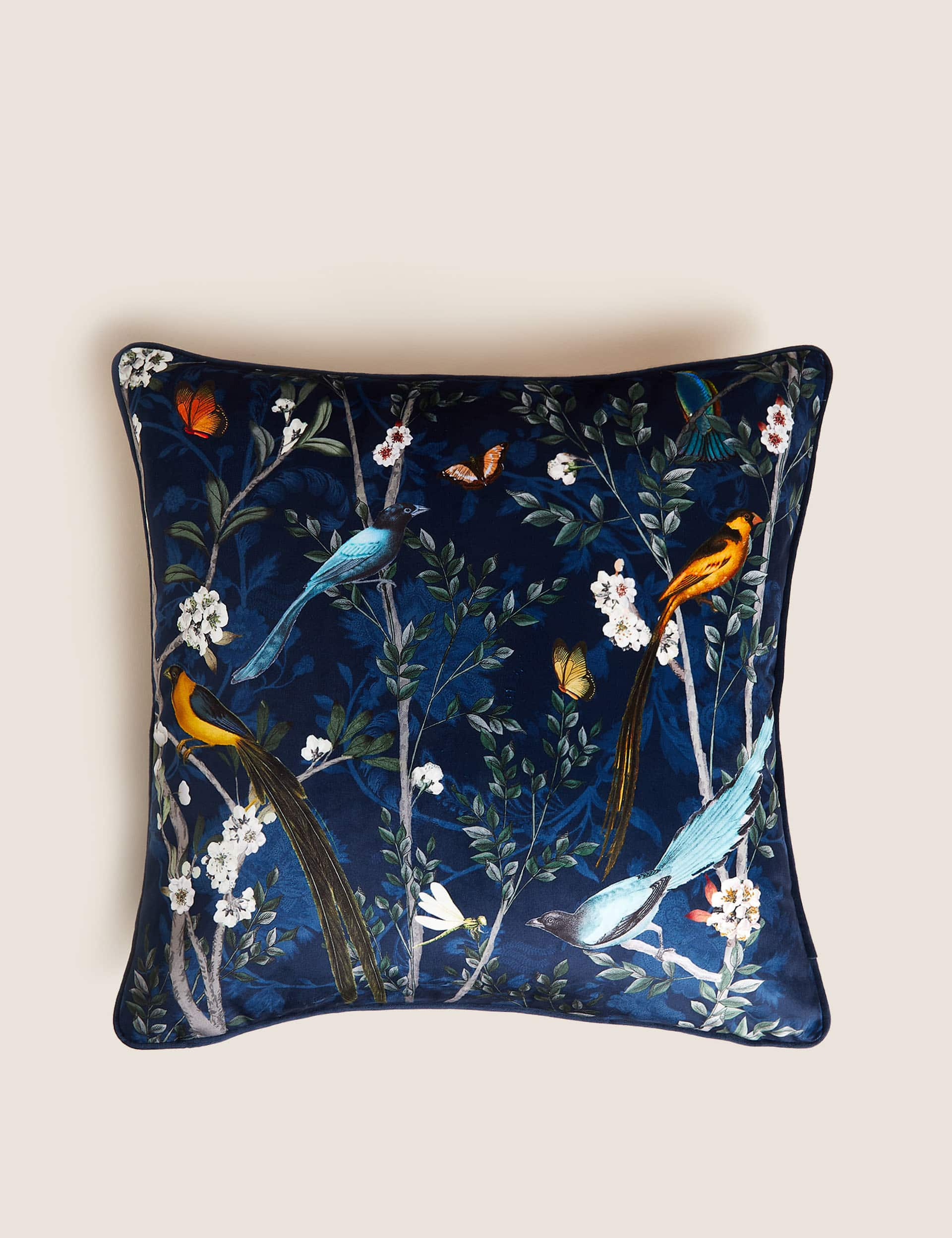 M&S Velvet Spring Bird Cushion - Navy Mix, Ochre,Navy Mix