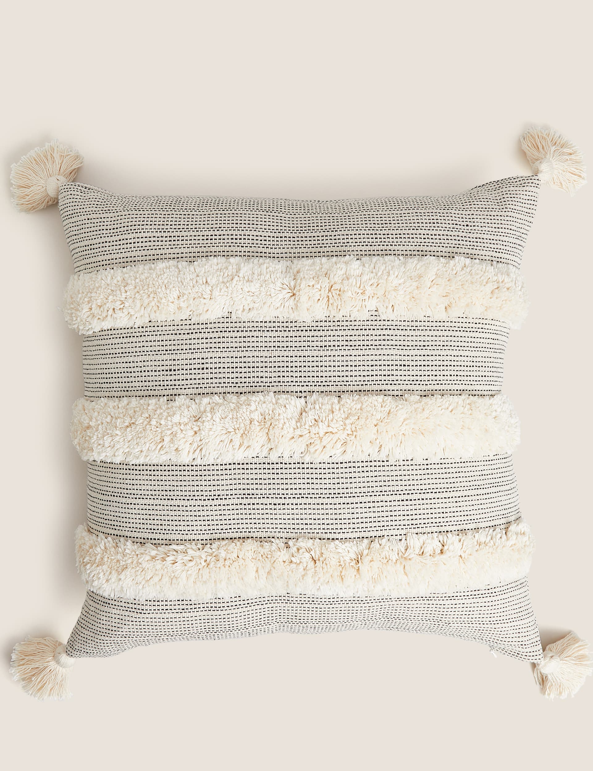 M&S Pure Cotton Tufted Tassel Stripe Cushion - Natural Mix, Natural Mix,Charcoal