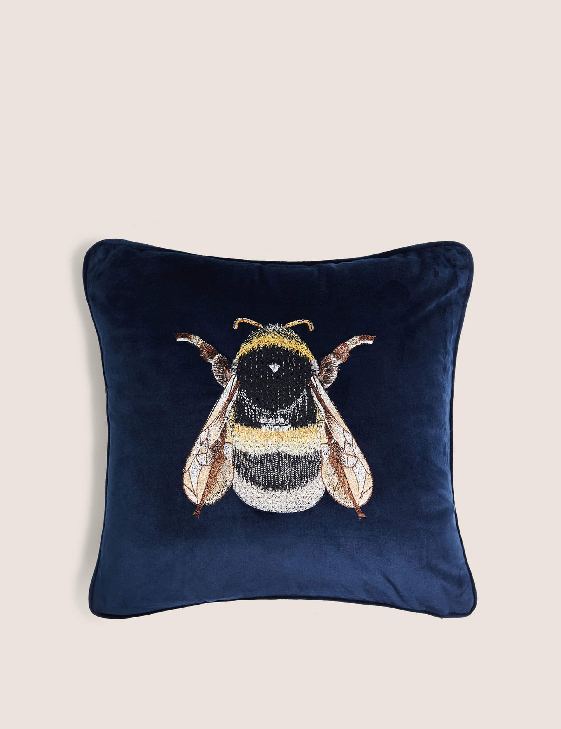 M&S Velvet Bee Embroidered Cushion - Navy, Navy