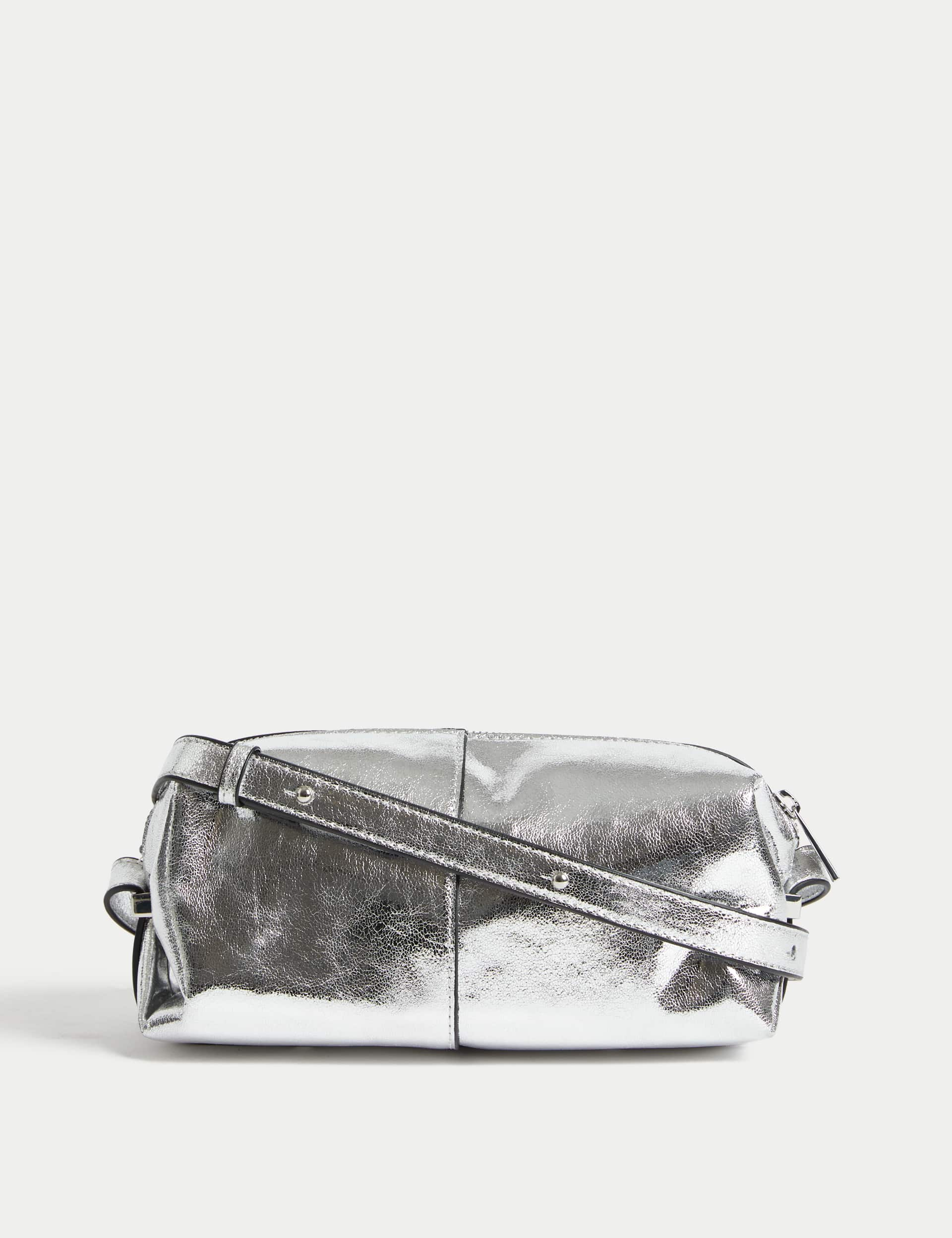 M&S Women's Faux Leather Metallic Cross Body Bag - Silver, Silver