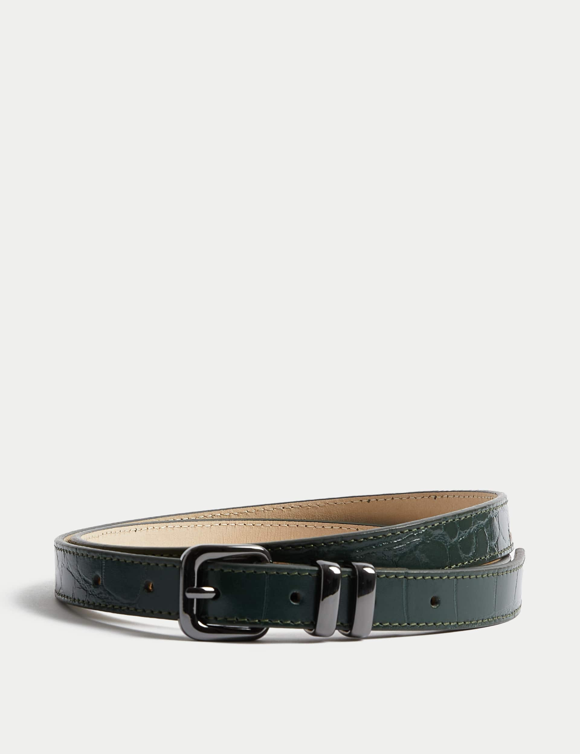 M&S Women's Leather Lizard Effect Slim Jeans Belt - Green, Green