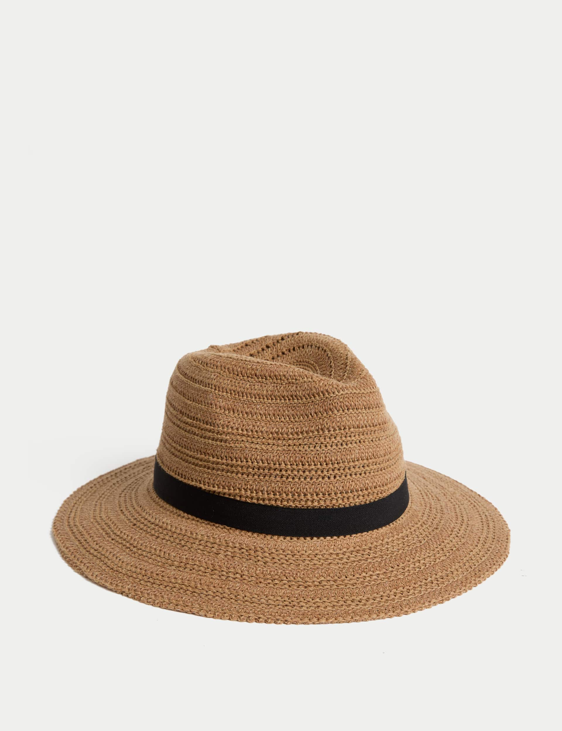 M&S Collection Women's Cotton Rich Fedora Hat - S-M - Natural, Natural