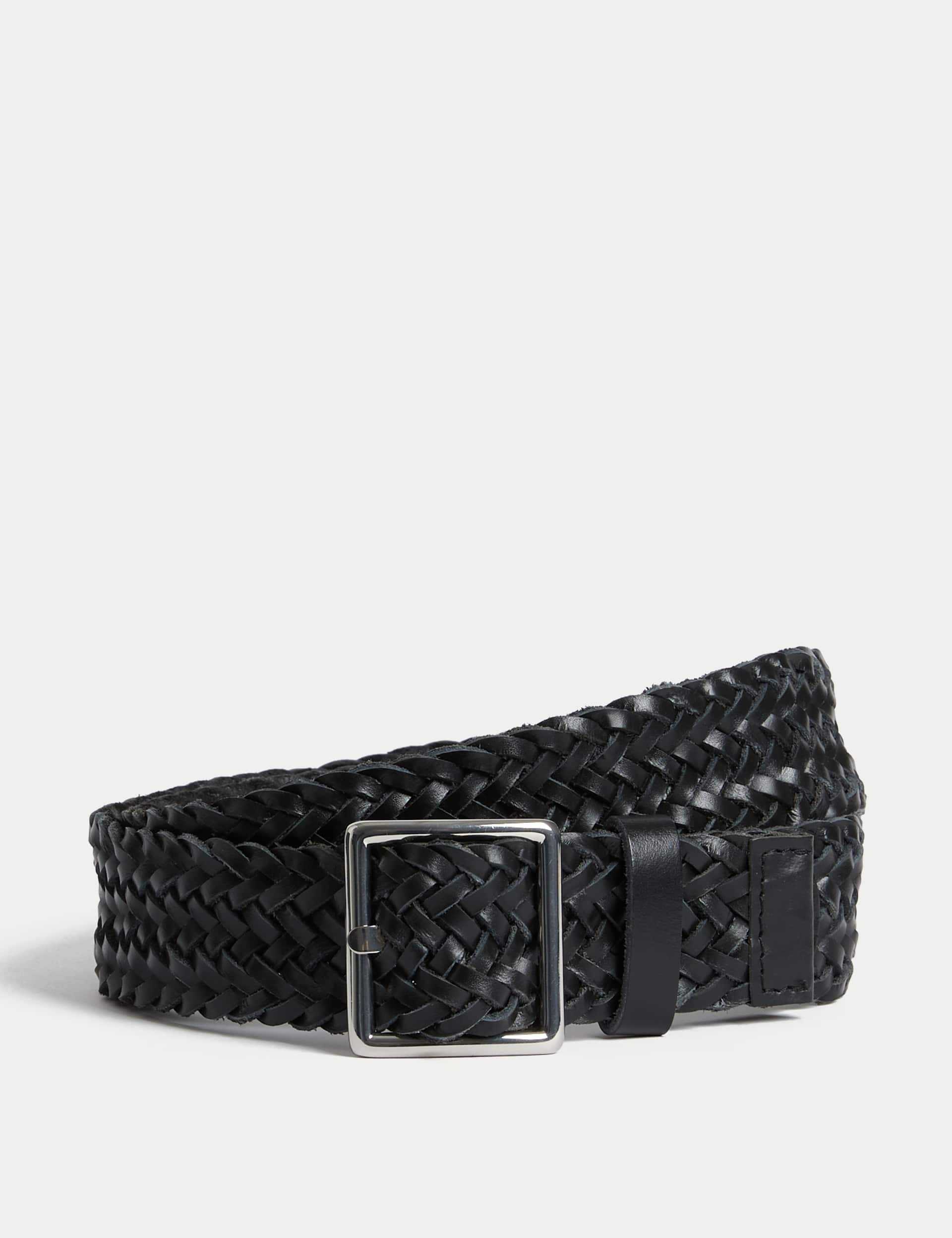 M&S Women's Leather Woven Jeans Belt - M - Black, Chocolate,Black