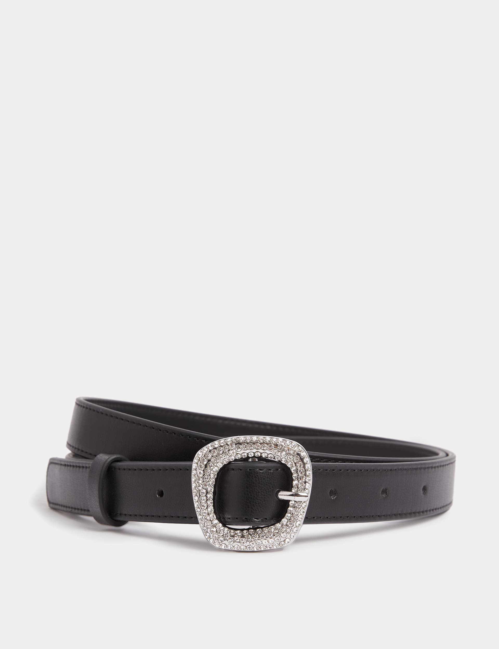 M&S Collection Women's Faux Leather Crystal Square Buckle Belt - XS - Silver Mix, Silver Mix