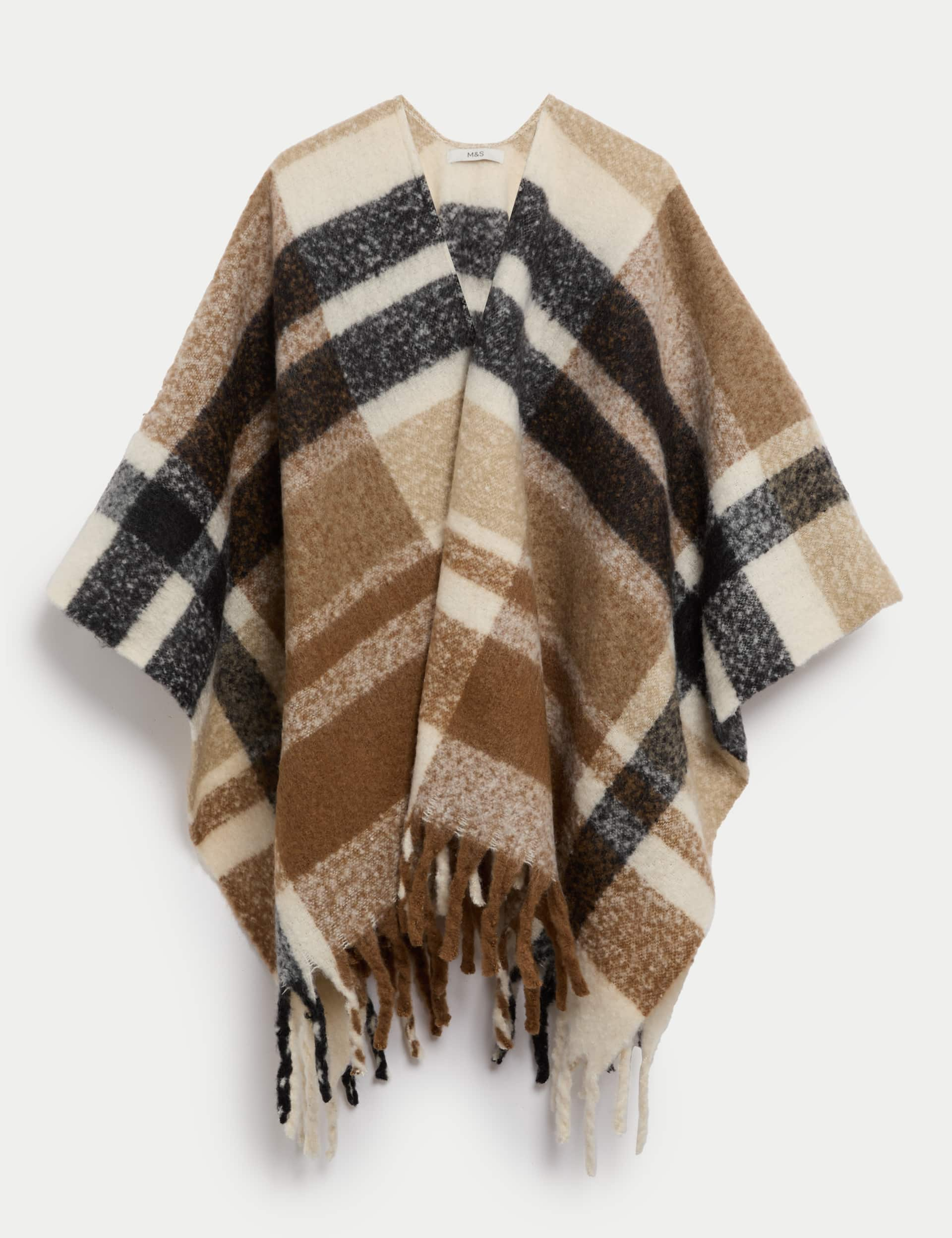 M&S Women's Brushed Checked Poncho - Natural Mix, Natural Mix